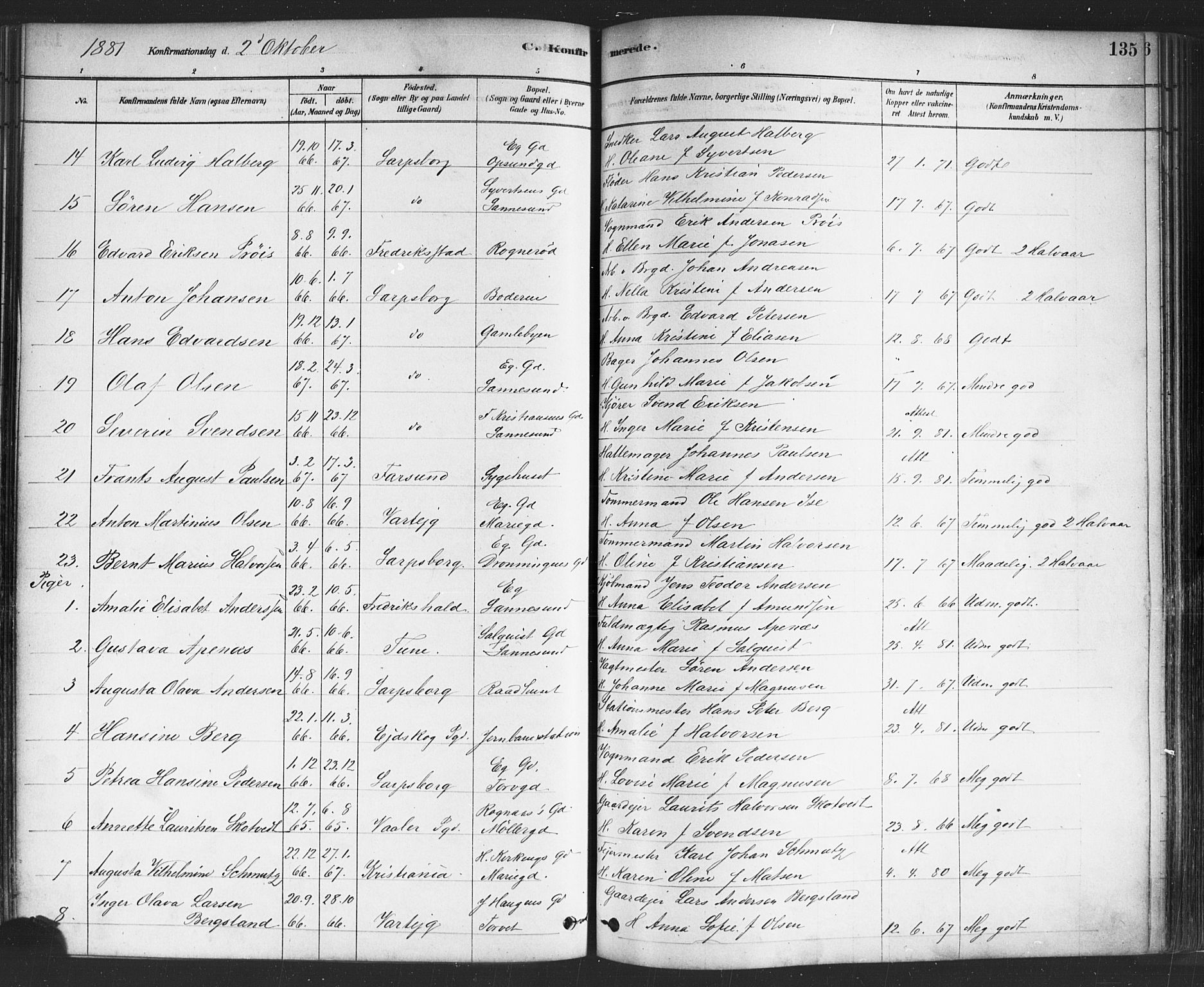 Sarpsborg prestekontor Kirkebøker, SAO/A-2006/F/Fa/L0003: Parish register (official) no. 3, 1878-1891, p. 135