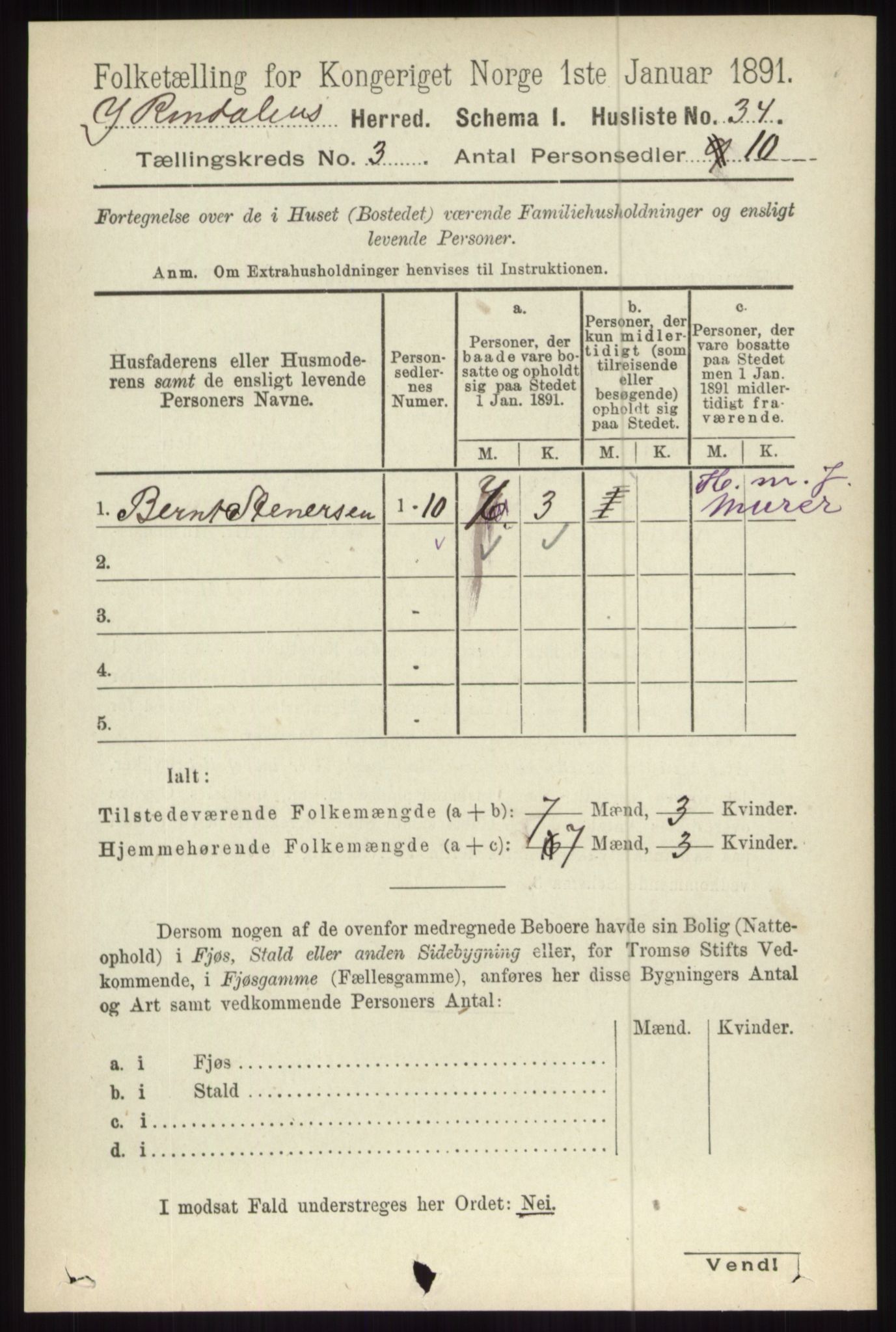 RA, 1891 census for 0432 Ytre Rendal, 1891, p. 439