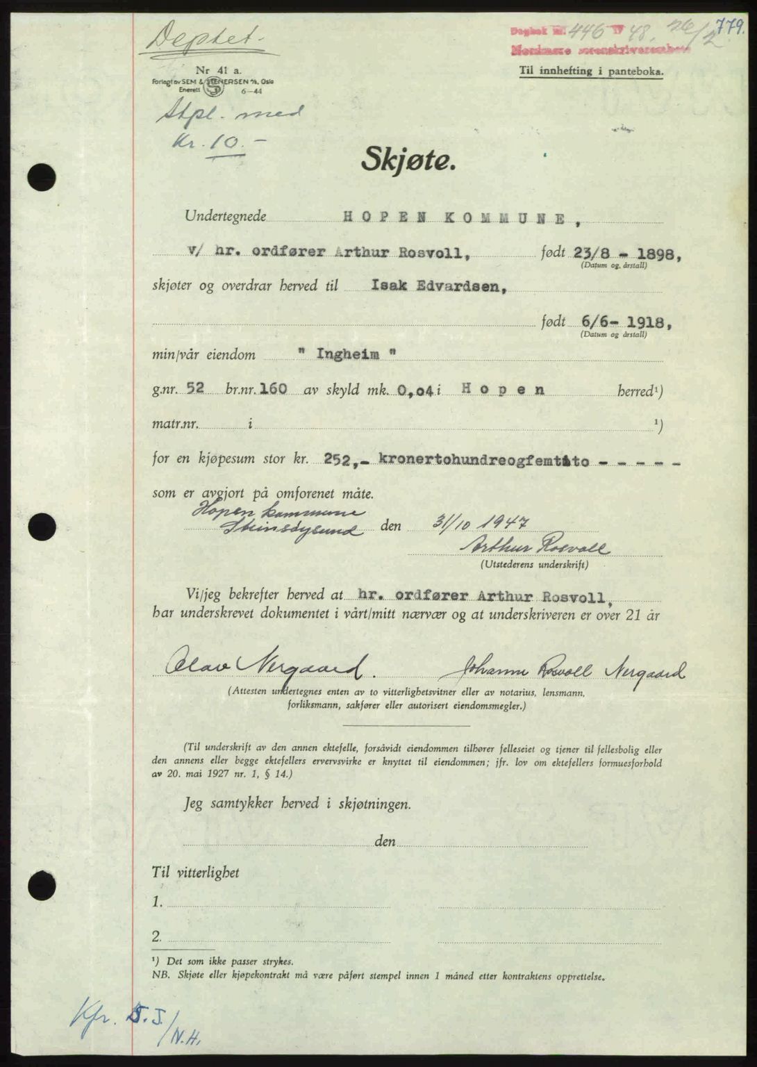 Nordmøre sorenskriveri, AV/SAT-A-4132/1/2/2Ca: Mortgage book no. A107, 1947-1948, Diary no: : 446/1948