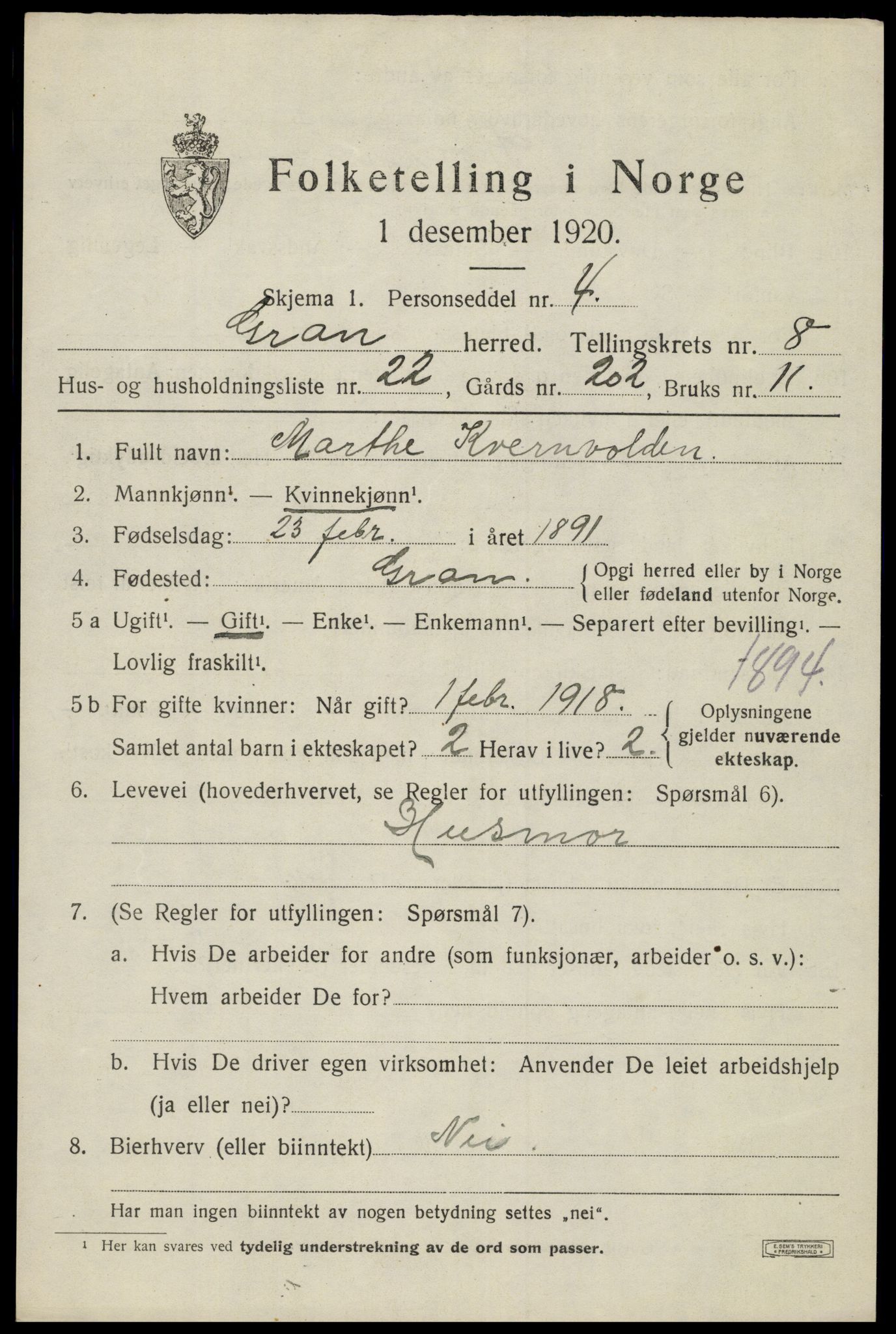 SAH, 1920 census for Gran, 1920, p. 10724