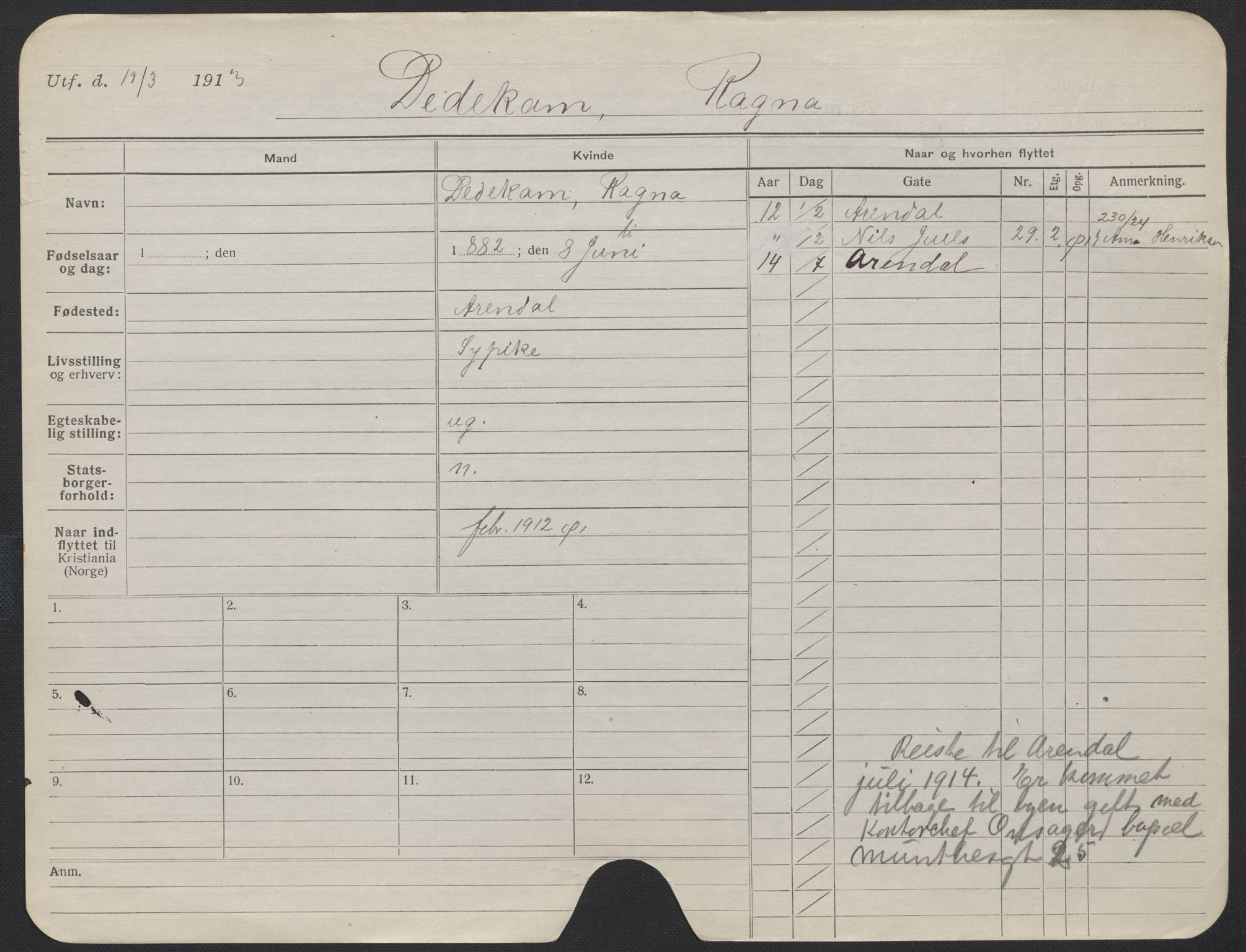 Oslo folkeregister, Registerkort, AV/SAO-A-11715/F/Fa/Fac/L0013: Kvinner, 1906-1914, p. 1249a