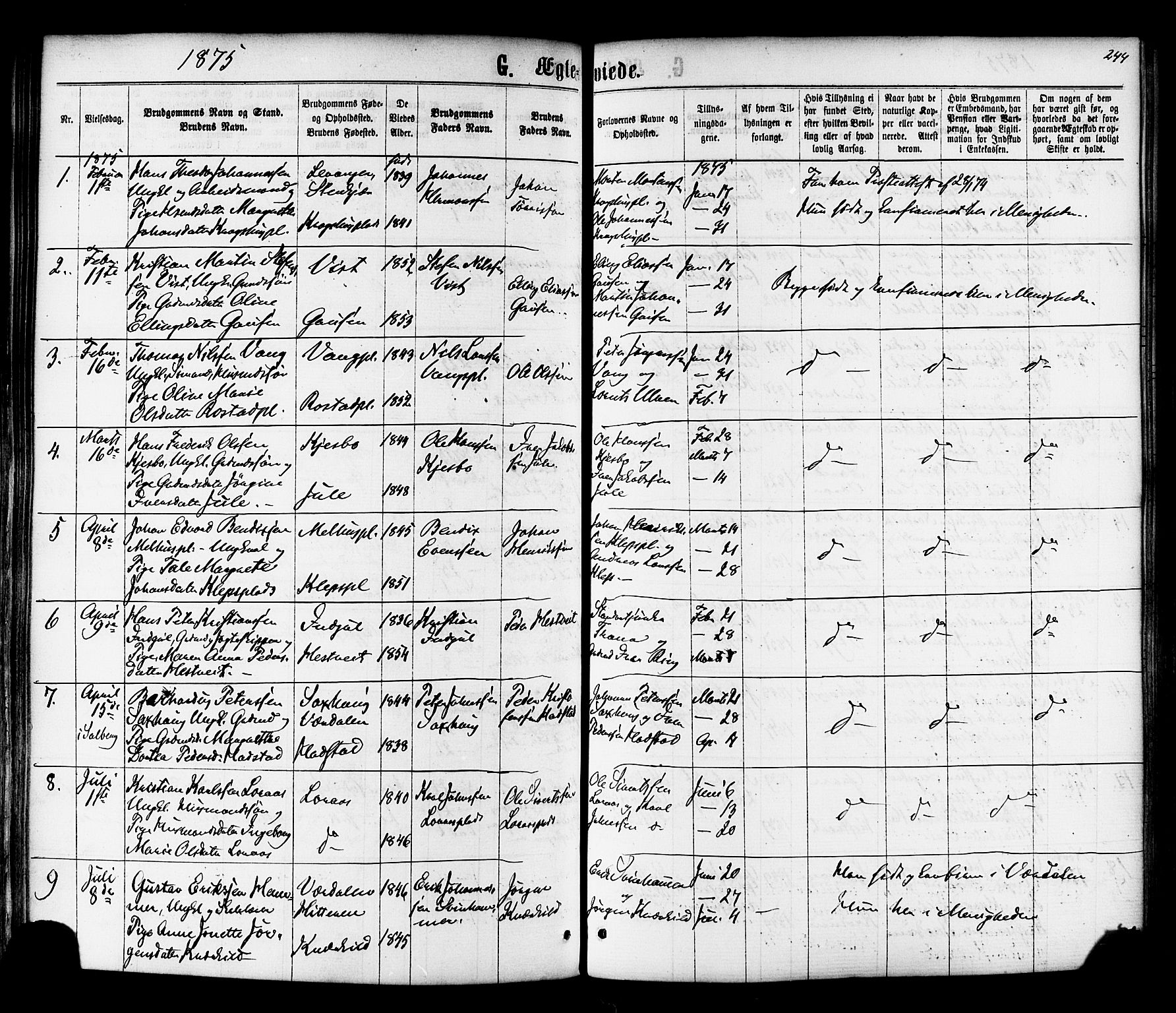 Ministerialprotokoller, klokkerbøker og fødselsregistre - Nord-Trøndelag, AV/SAT-A-1458/730/L0284: Parish register (official) no. 730A09, 1866-1878, p. 244