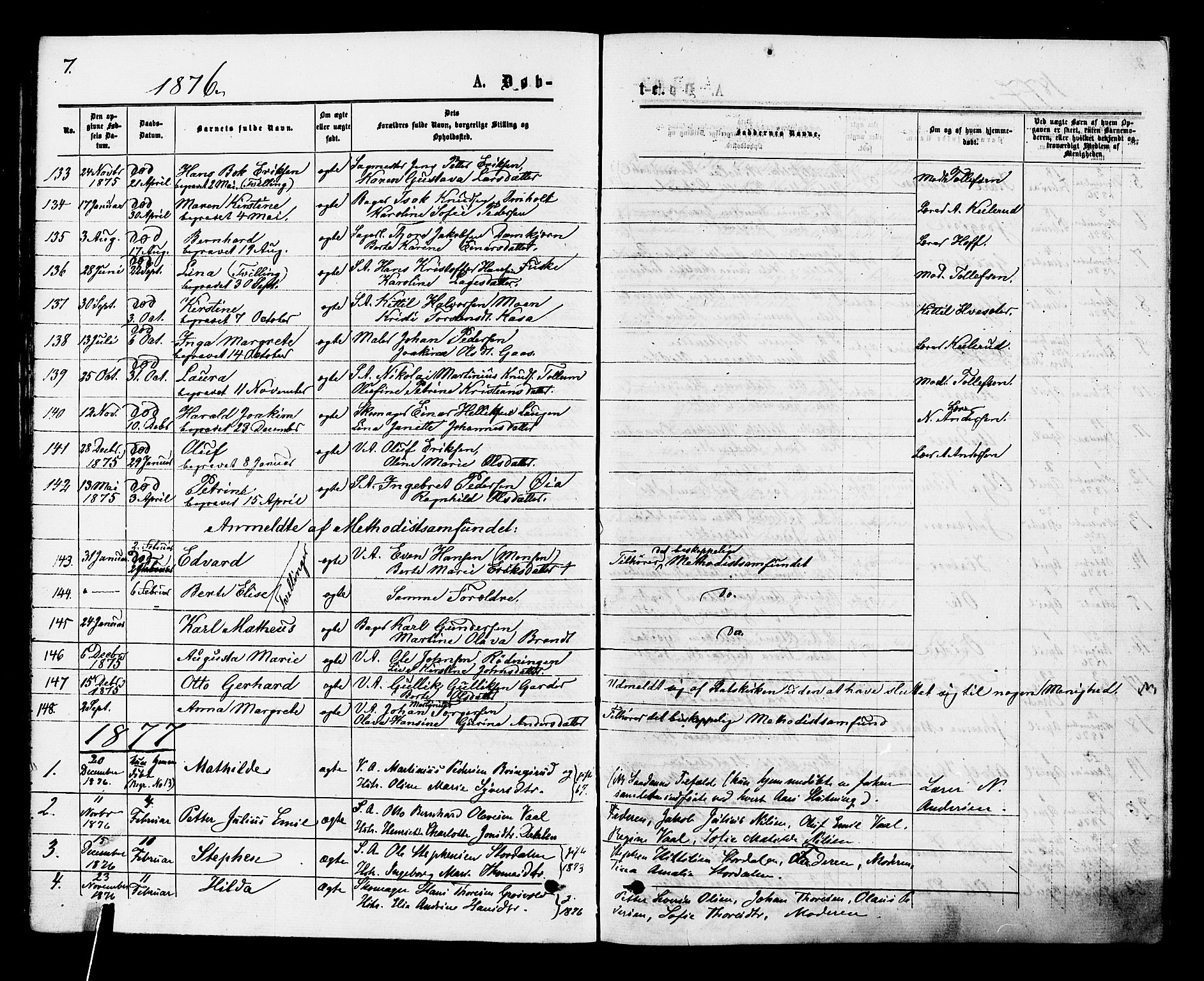 Kongsberg kirkebøker, AV/SAKO-A-22/F/Fa/L0011: Parish register (official) no. I 11, 1876-1877, p. 7