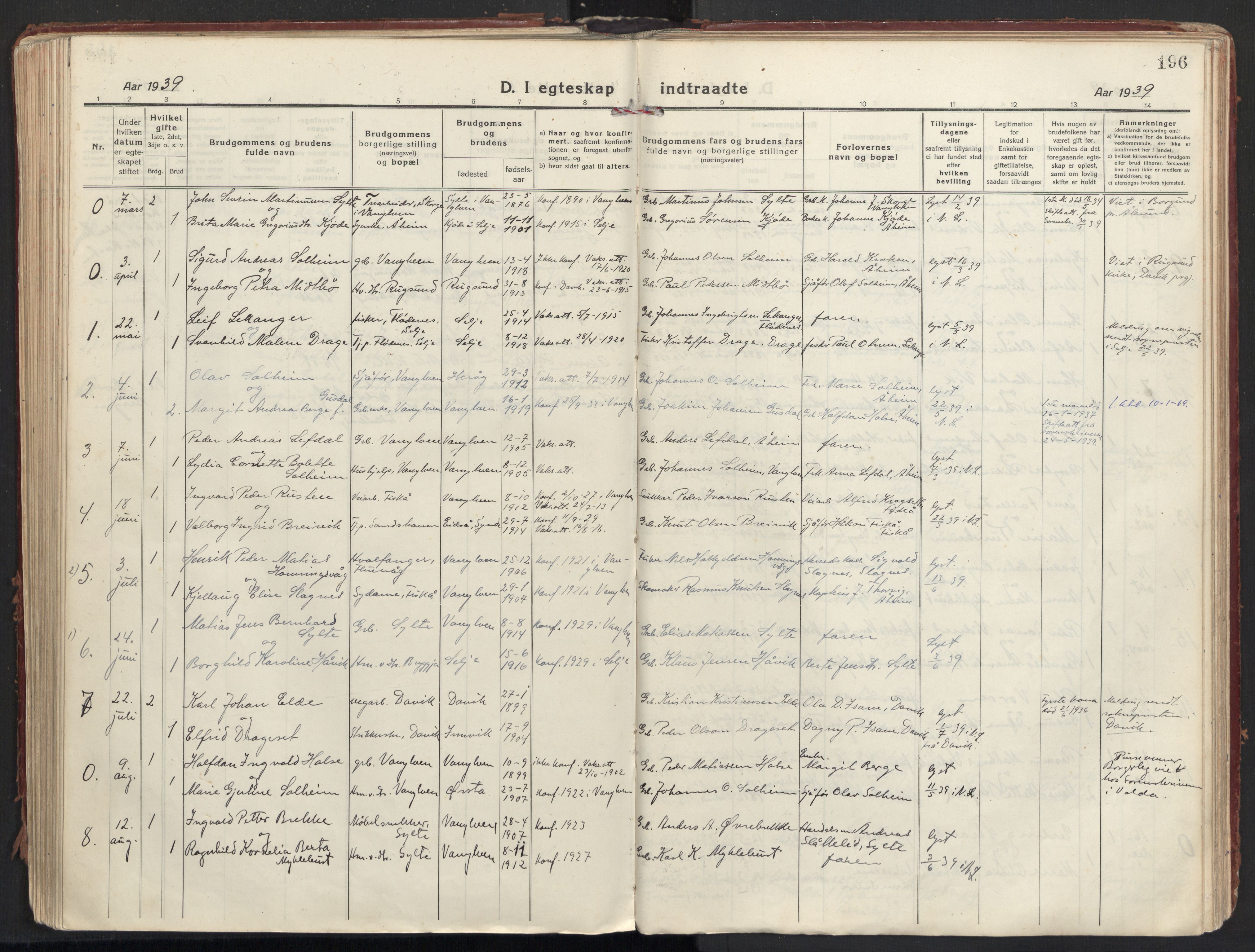 Ministerialprotokoller, klokkerbøker og fødselsregistre - Møre og Romsdal, SAT/A-1454/501/L0012: Parish register (official) no. 501A12, 1920-1946, p. 196