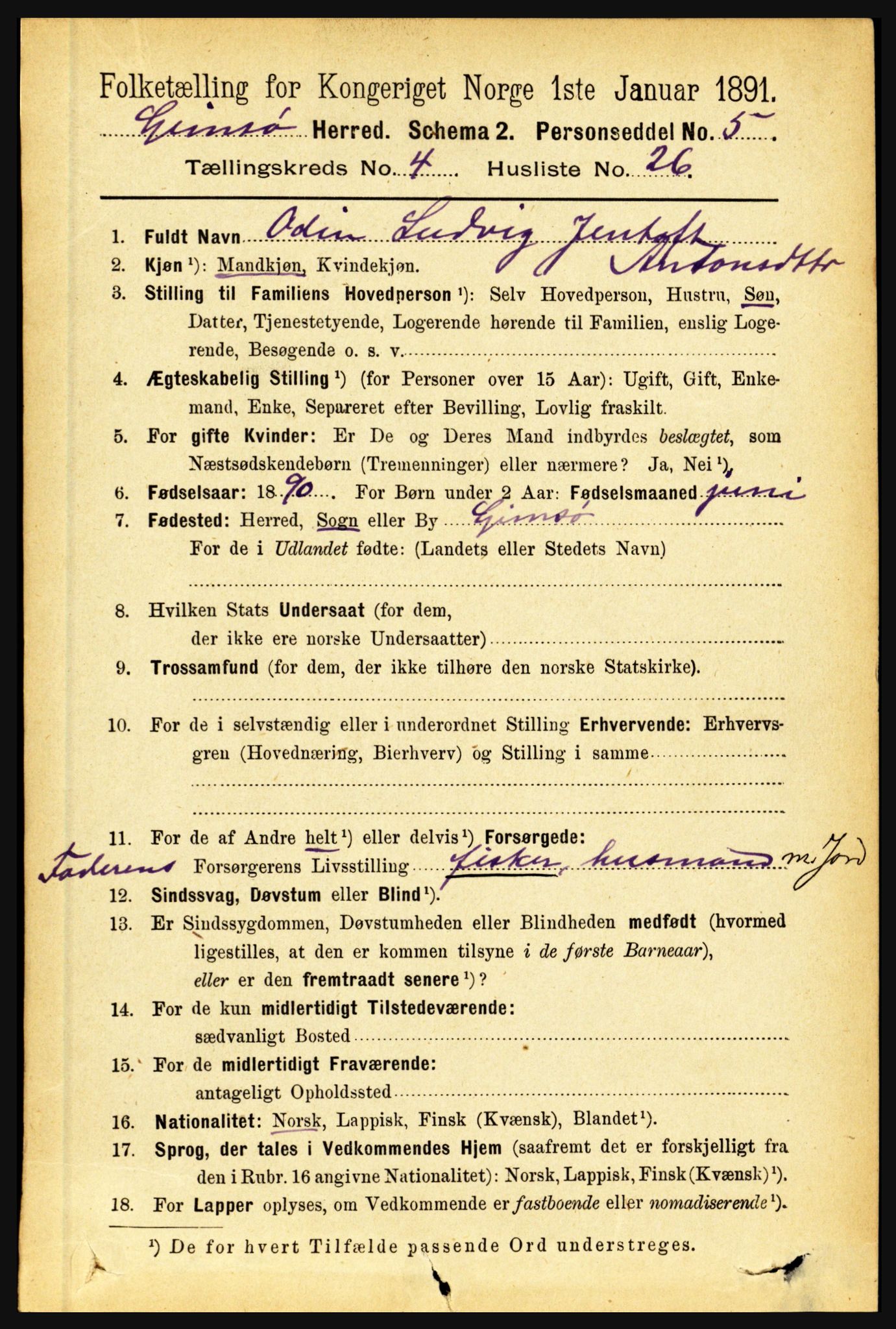 RA, 1891 census for 1864 Gimsøy, 1891, p. 805