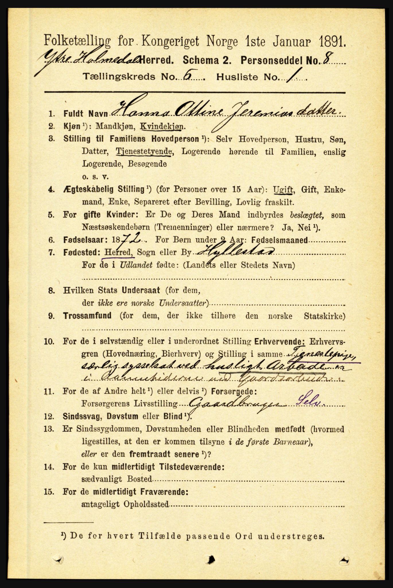 RA, 1891 census for 1429 Ytre Holmedal, 1891, p. 1339