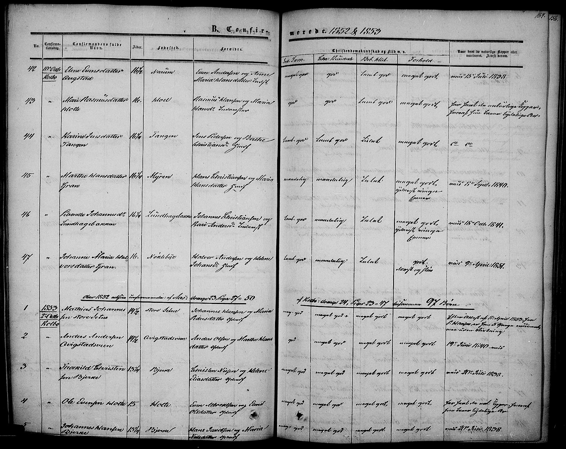 Vestre Toten prestekontor, AV/SAH-PREST-108/H/Ha/Haa/L0005: Parish register (official) no. 5, 1850-1855, p. 154