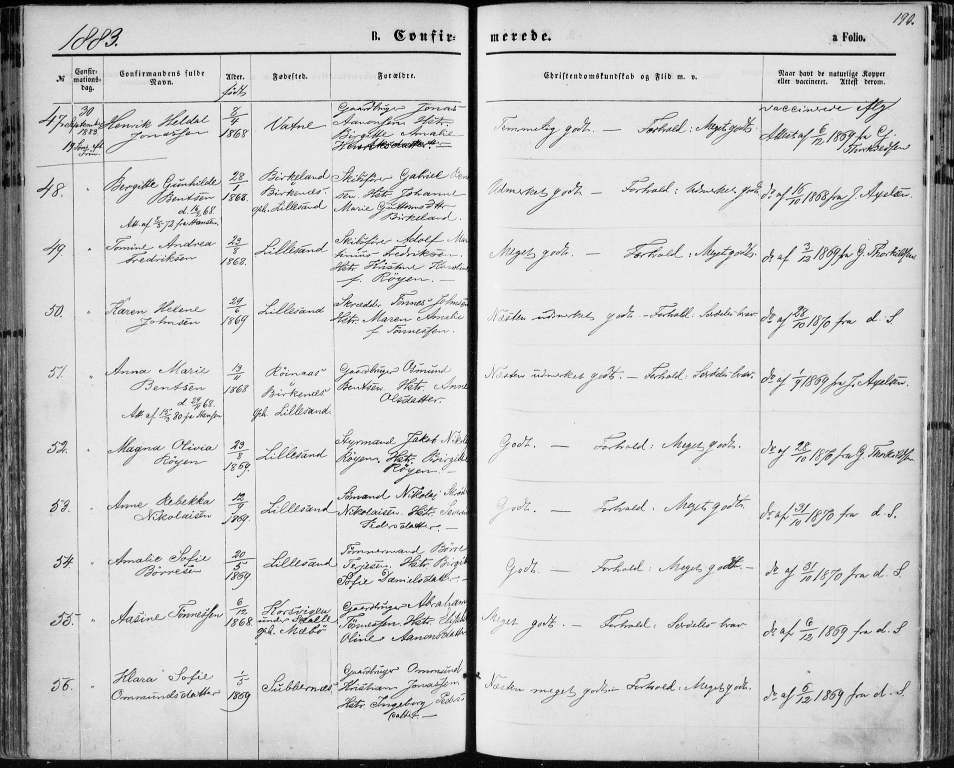 Vestre Moland sokneprestkontor, AV/SAK-1111-0046/F/Fa/Fab/L0008: Parish register (official) no. A 8, 1873-1883, p. 190