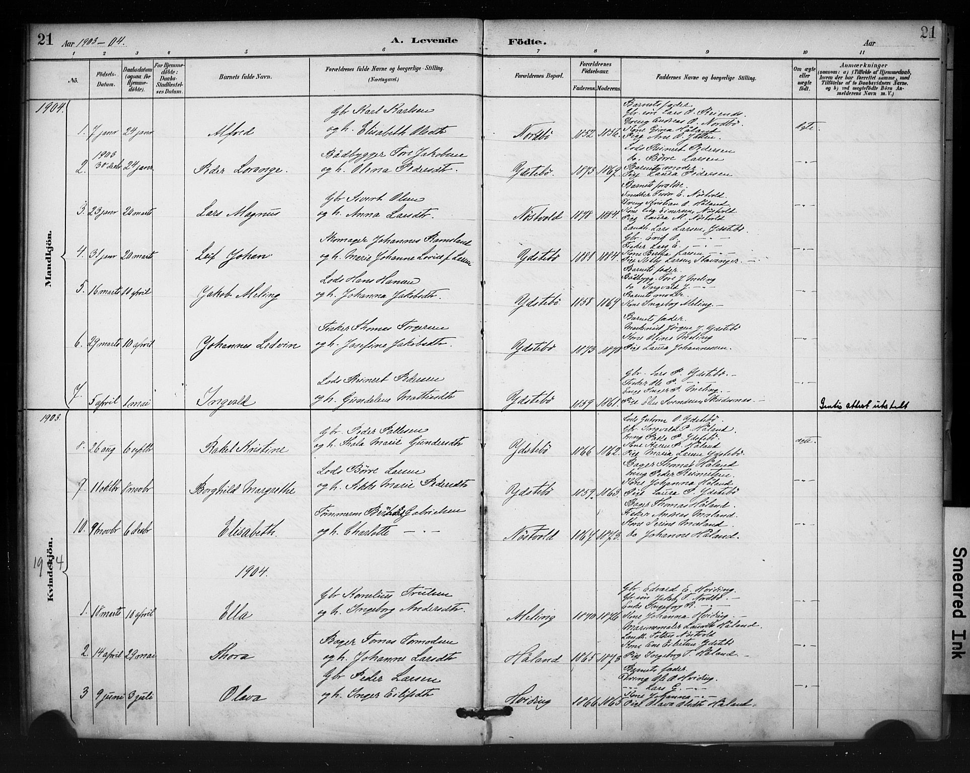 Rennesøy sokneprestkontor, AV/SAST-A -101827/H/Ha/Haa/L0013: Parish register (official) no. A 12, 1888-1916, p. 21