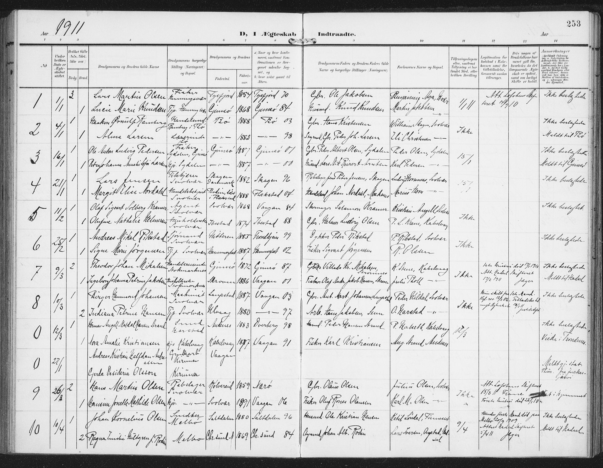 Ministerialprotokoller, klokkerbøker og fødselsregistre - Nordland, AV/SAT-A-1459/874/L1063: Parish register (official) no. 874A07, 1907-1915, p. 253