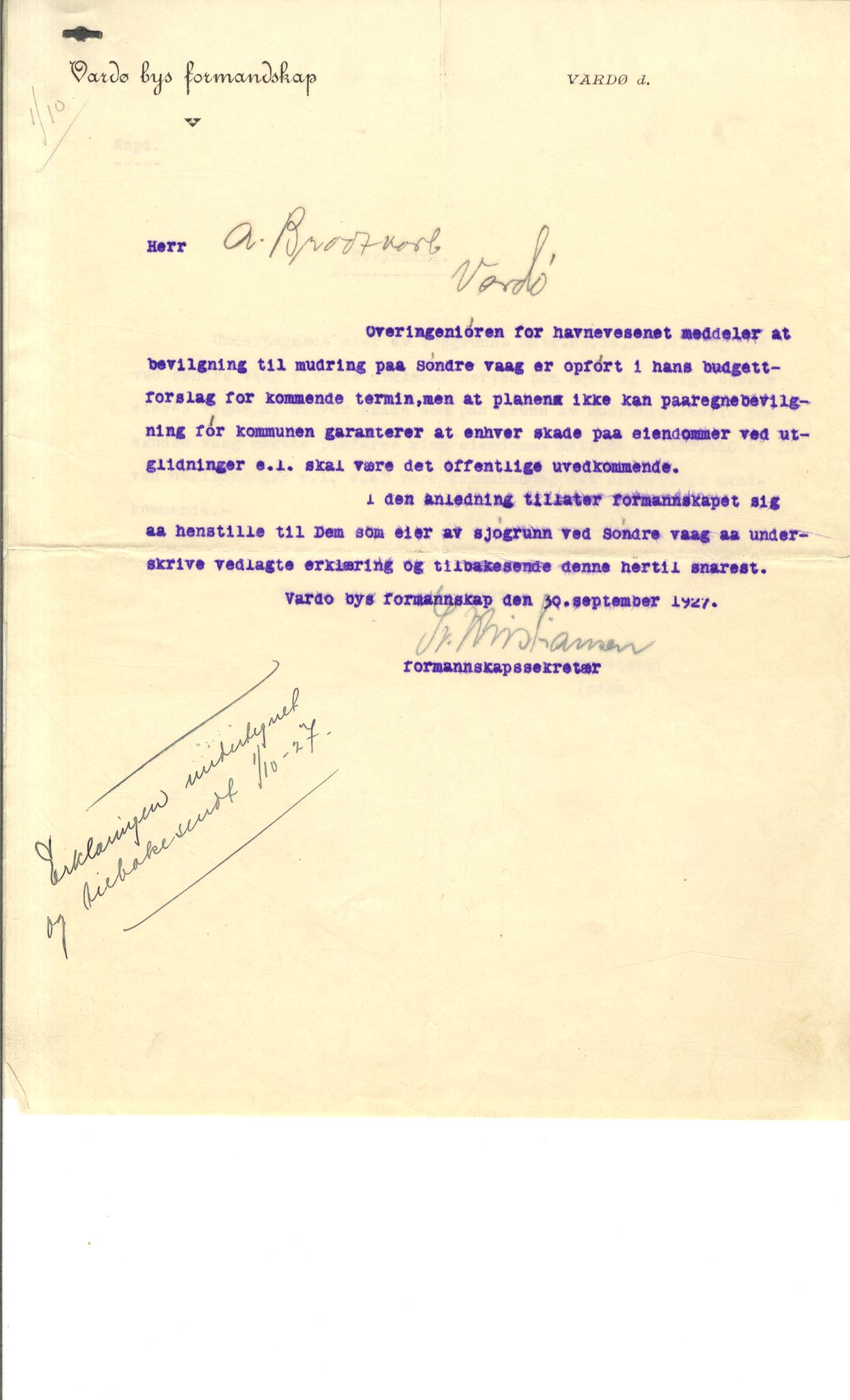 Brodtkorb handel A/S, VAMU/A-0001/Q/Qb/L0001: Skjøter og grunnbrev i Vardø by, 1822-1943, p. 3