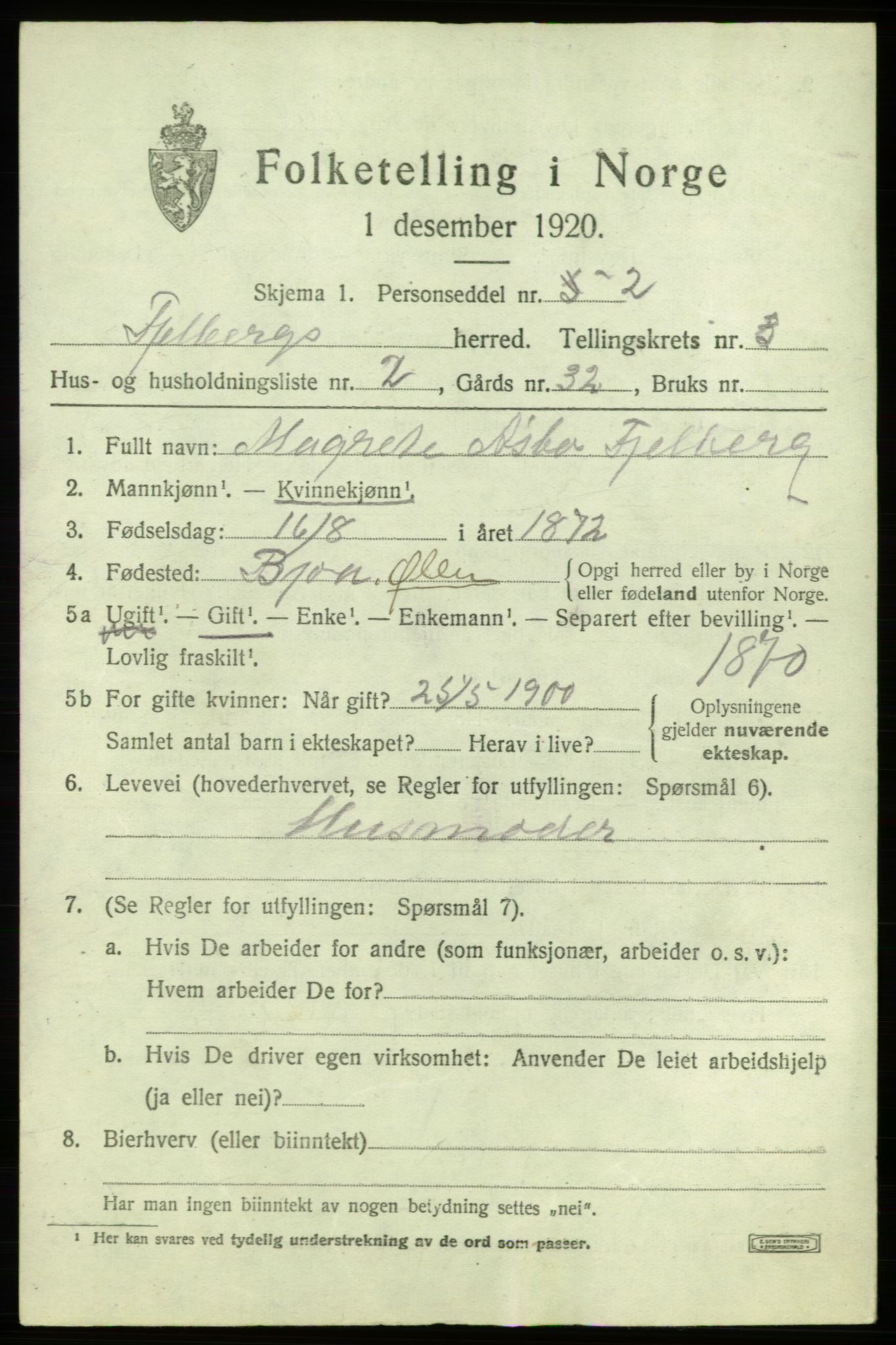 SAB, 1920 census for Fjelberg, 1920, p. 1131