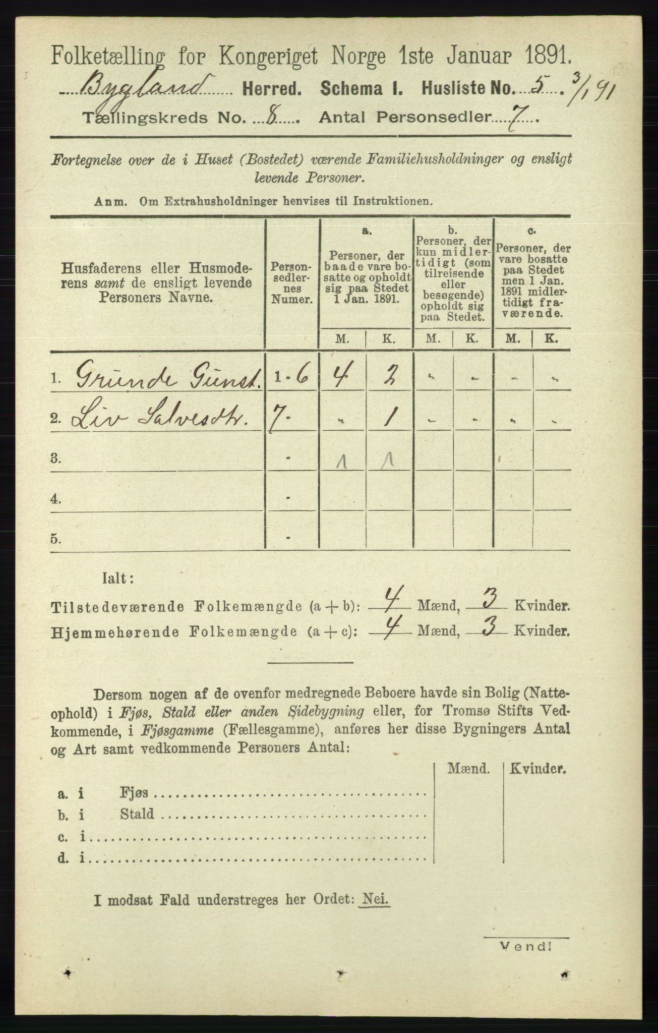 RA, 1891 census for 0938 Bygland, 1891, p. 1873