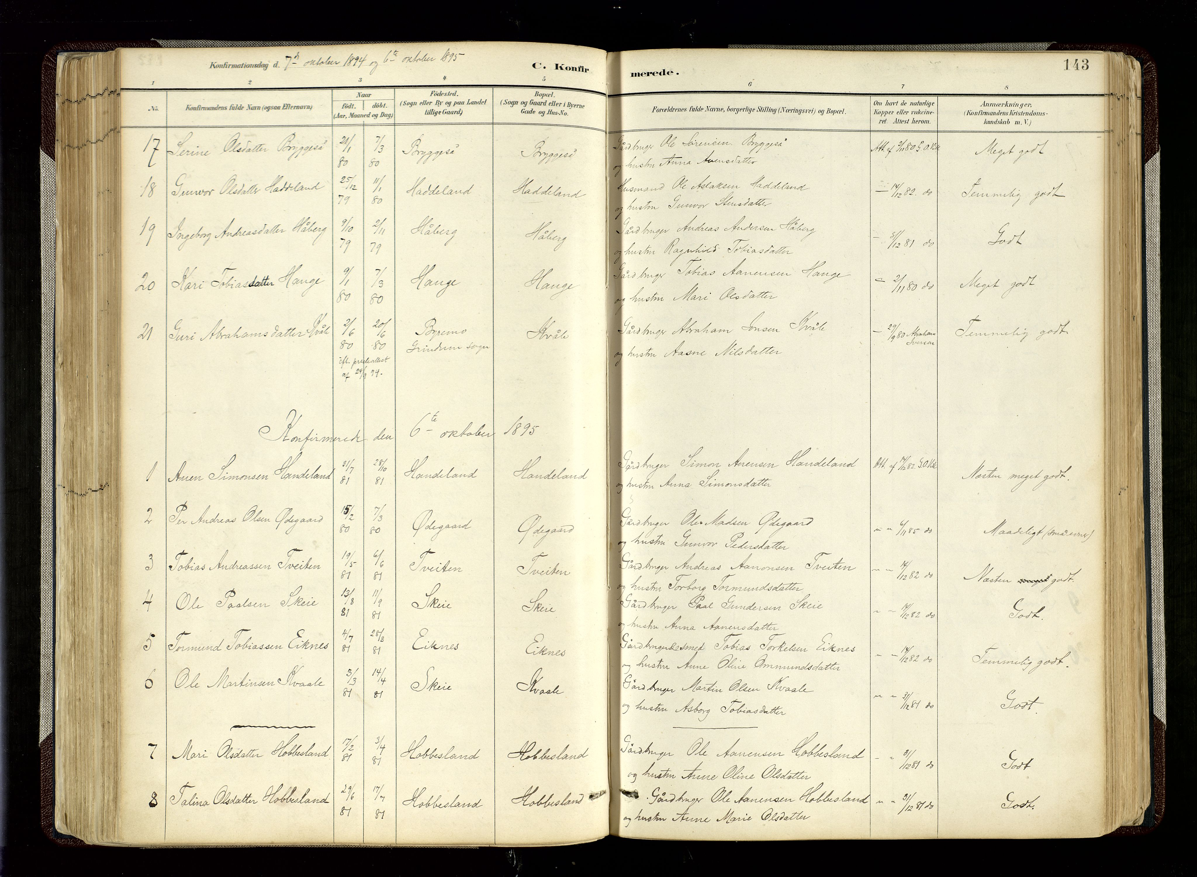 Hægebostad sokneprestkontor, SAK/1111-0024/F/Fa/Fab/L0004: Parish register (official) no. A 4, 1887-1929, p. 143