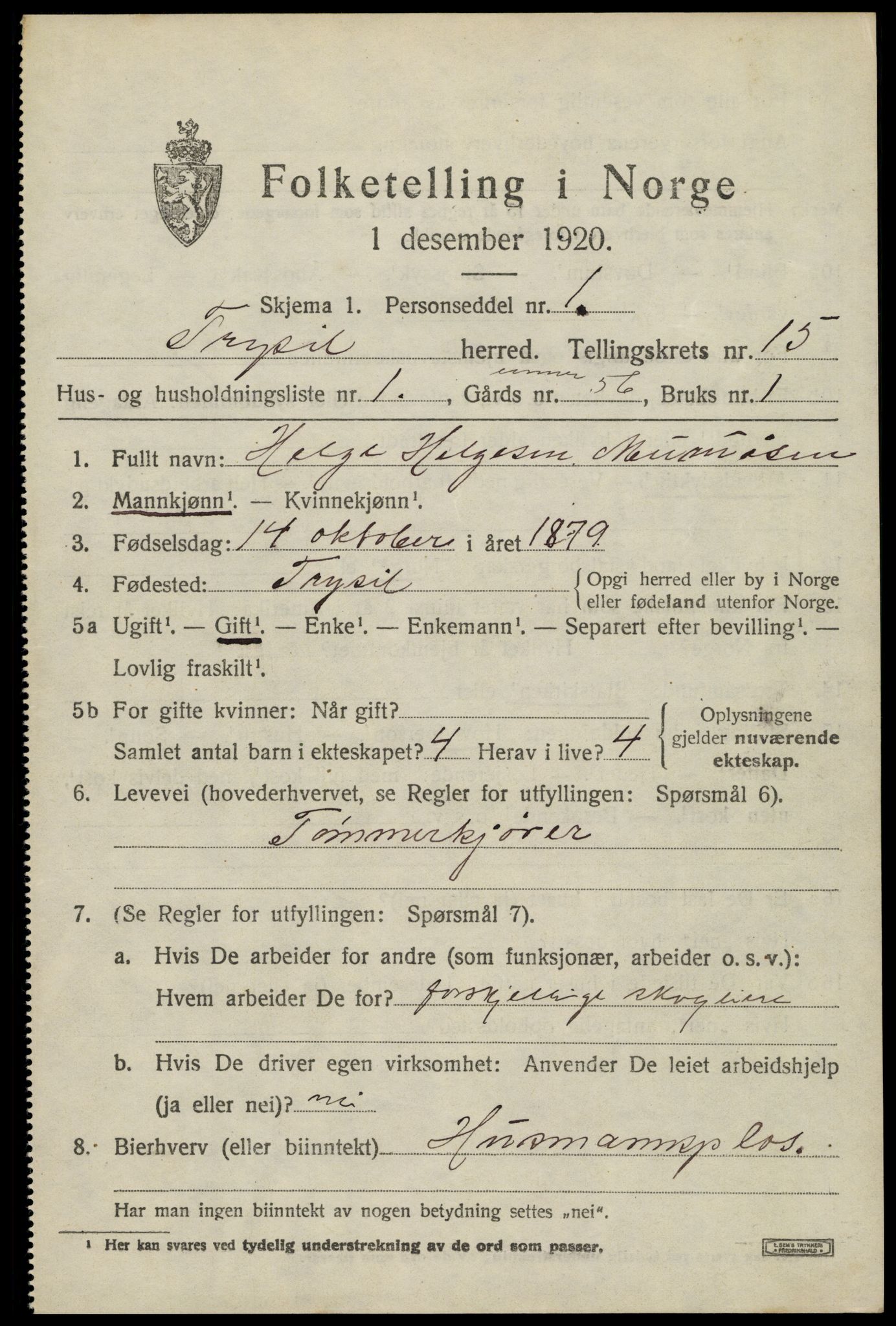 SAH, 1920 census for Trysil, 1920, p. 8785