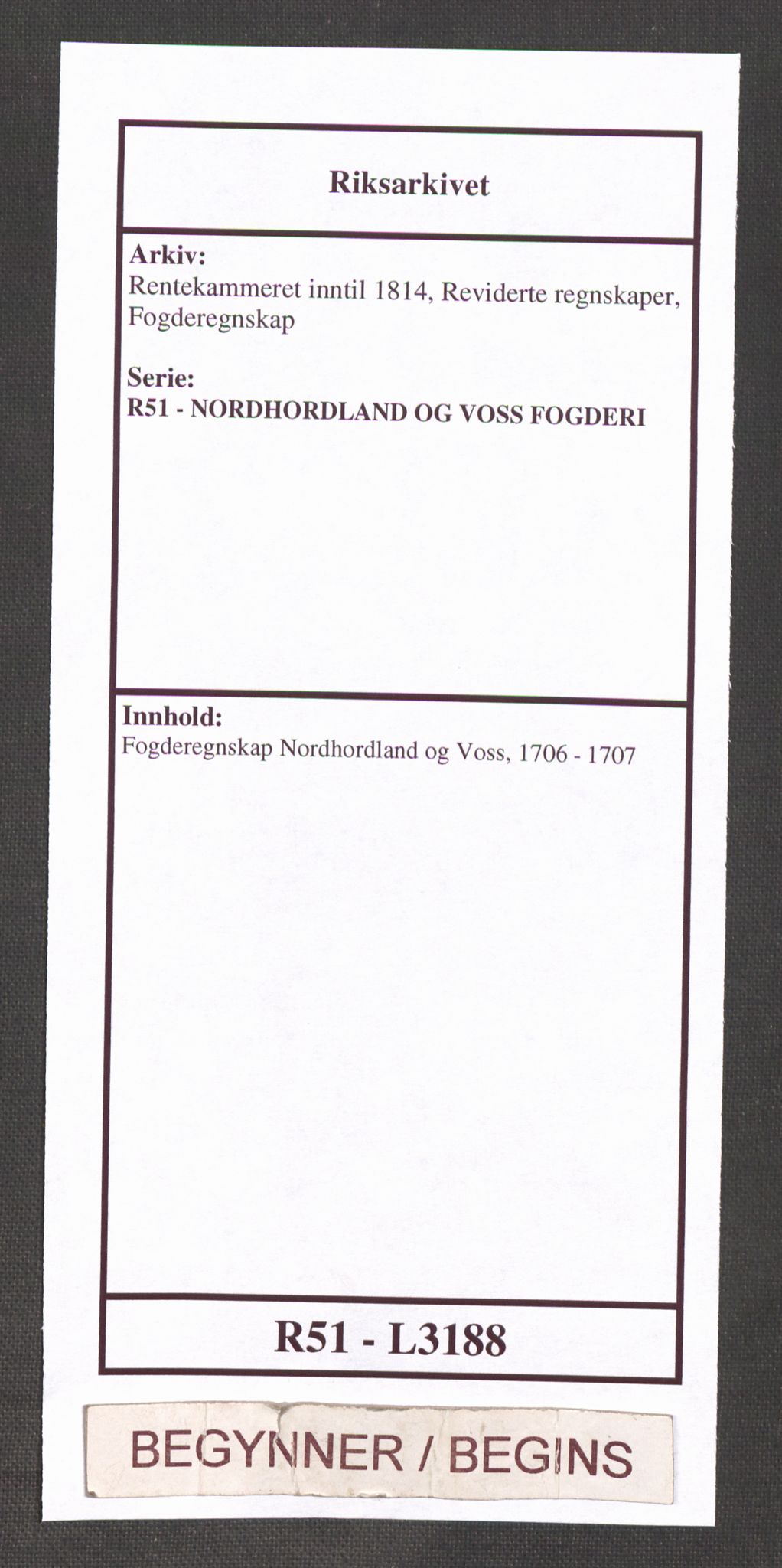 Rentekammeret inntil 1814, Reviderte regnskaper, Fogderegnskap, AV/RA-EA-4092/R51/L3188: Fogderegnskap Nordhordland og Voss, 1706-1707, p. 1