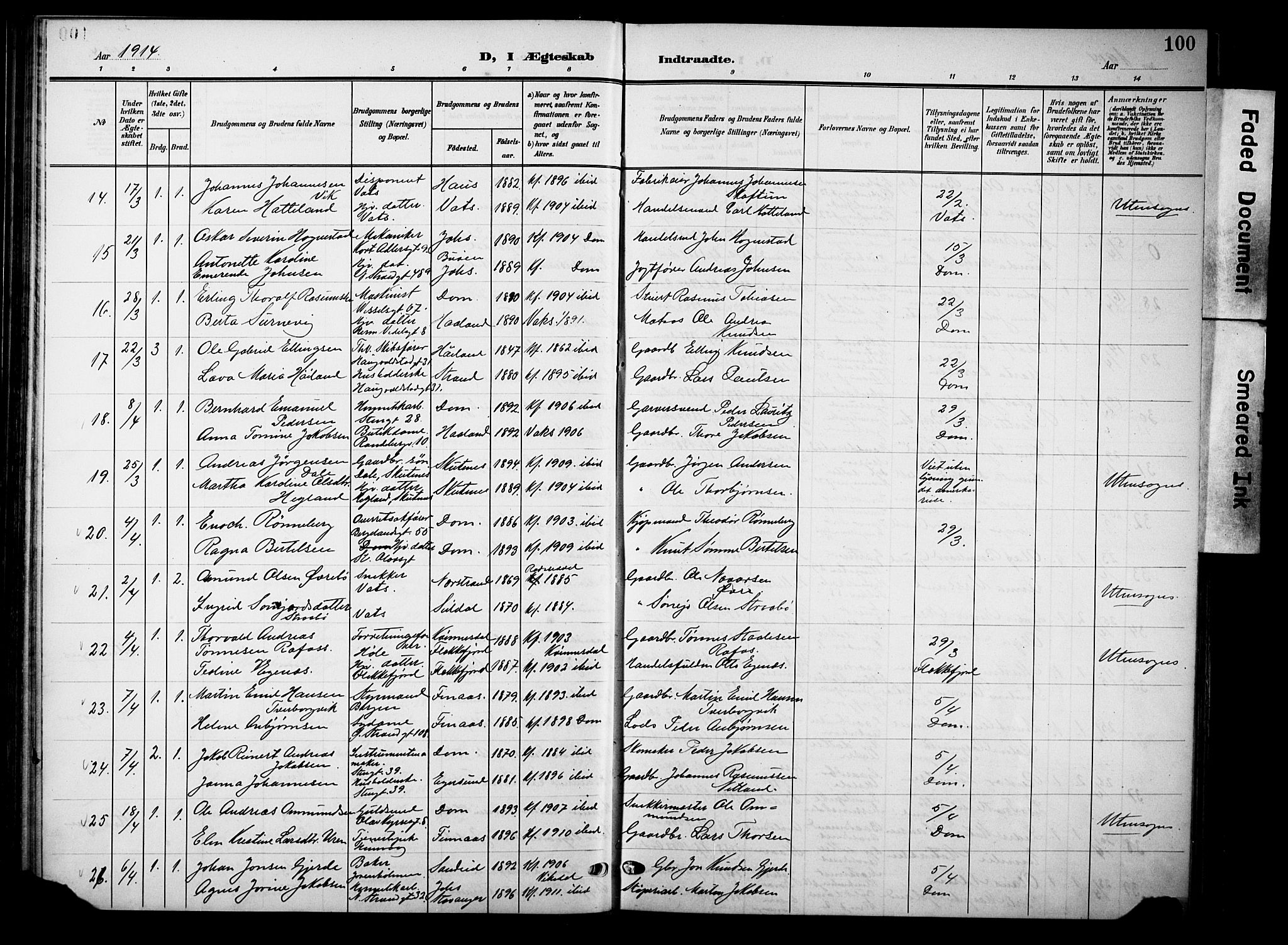 Domkirken sokneprestkontor, SAST/A-101812/001/30/30BB/L0017: Parish register (copy) no. B 17, 1902-1921, p. 100