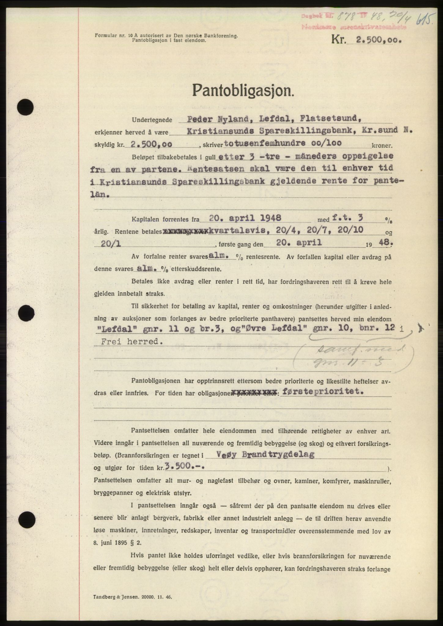 Nordmøre sorenskriveri, AV/SAT-A-4132/1/2/2Ca: Mortgage book no. B98, 1948-1948, Diary no: : 878/1948