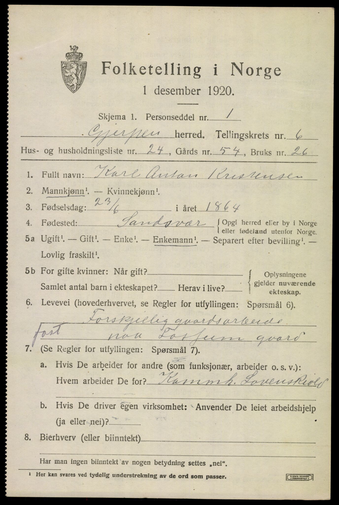 SAKO, 1920 census for Gjerpen, 1920, p. 7184