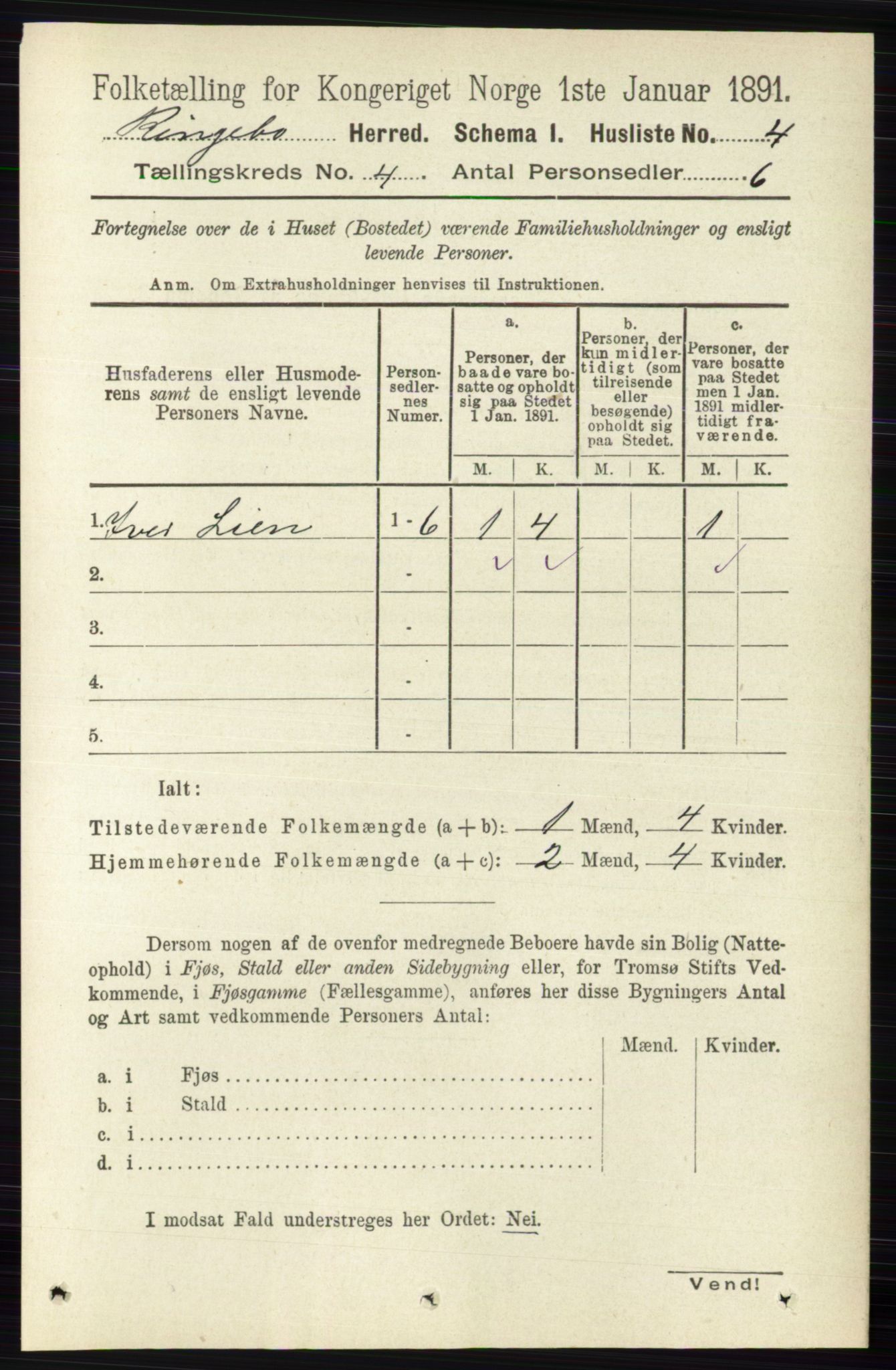 RA, 1891 census for 0520 Ringebu, 1891, p. 1264