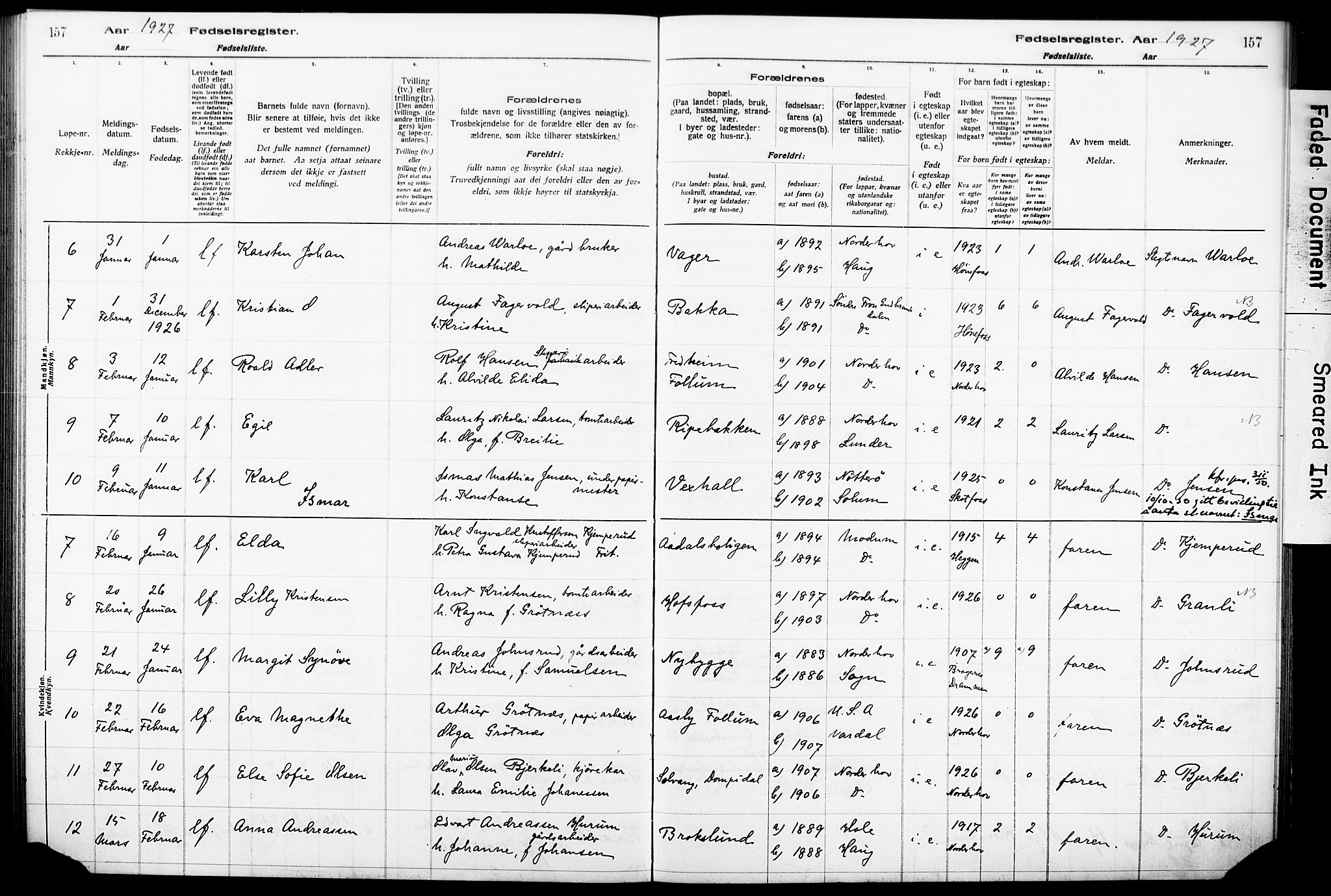 Norderhov kirkebøker, AV/SAKO-A-237/J/Ja/L0001: Birth register no. 1, 1916-1930, p. 157