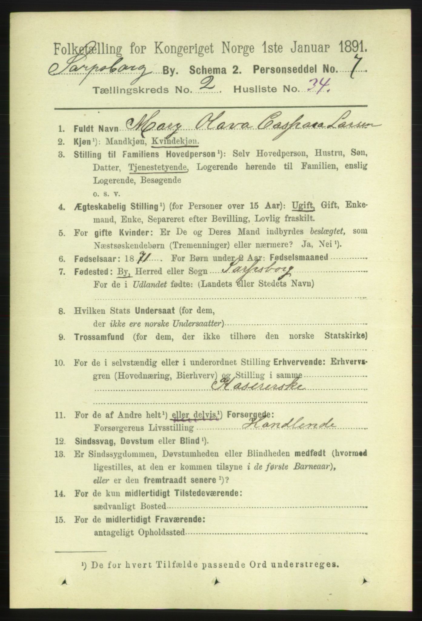 RA, 1891 census for 0102 Sarpsborg, 1891, p. 1617