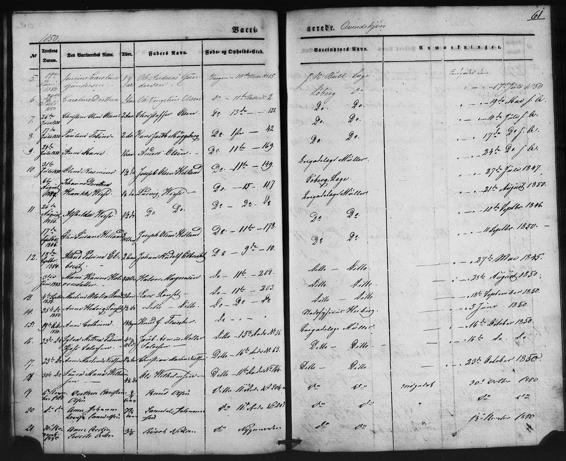 Domkirken sokneprestembete, SAB/A-74801/H/Haa/L0046: Parish register (official) no. F 1, 1841-1852, p. 61