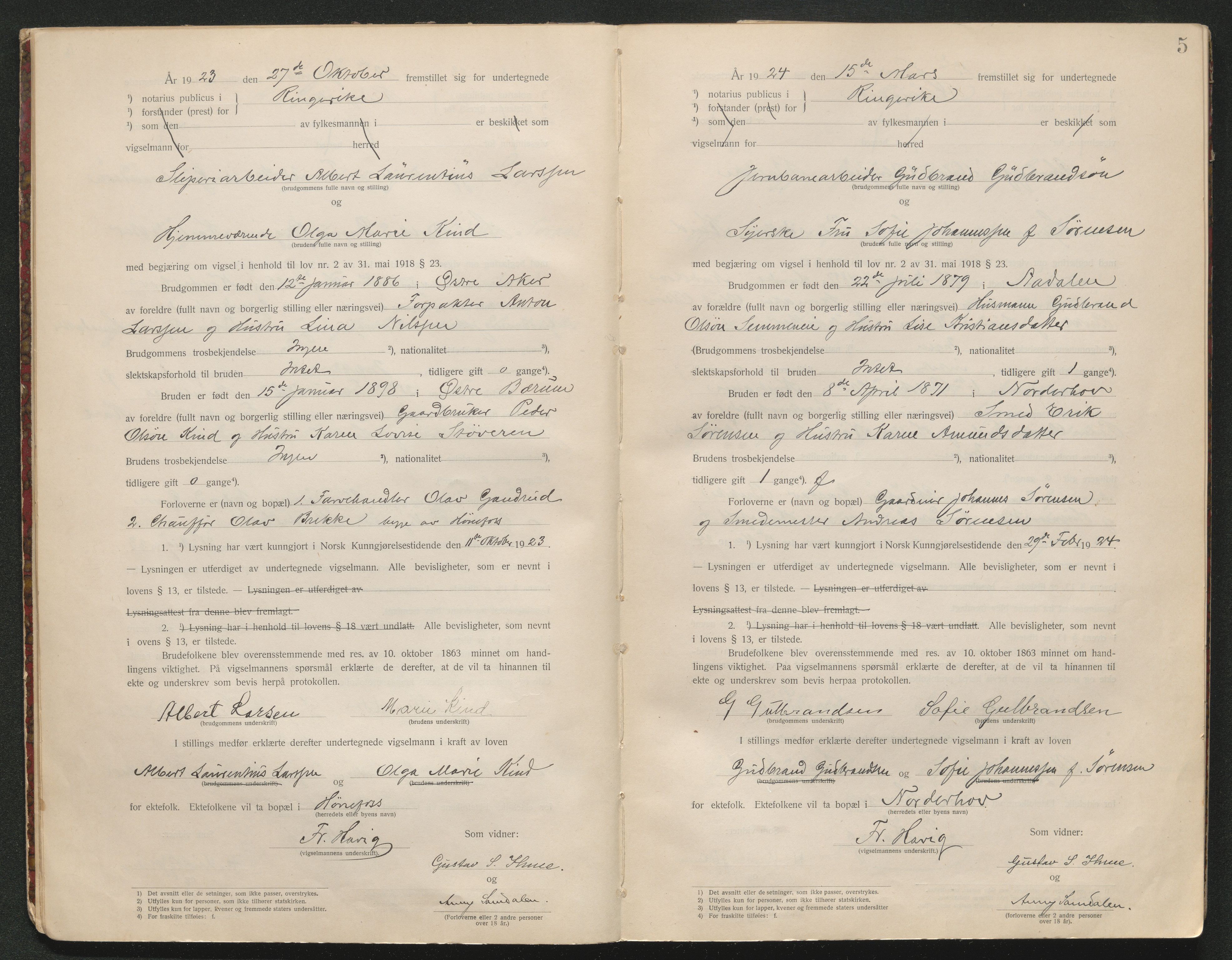 Ringerike sorenskriveri, AV/SAKO-A-105/L/Lc/L0001: Vigselsbok, 1920-1942, p. 4