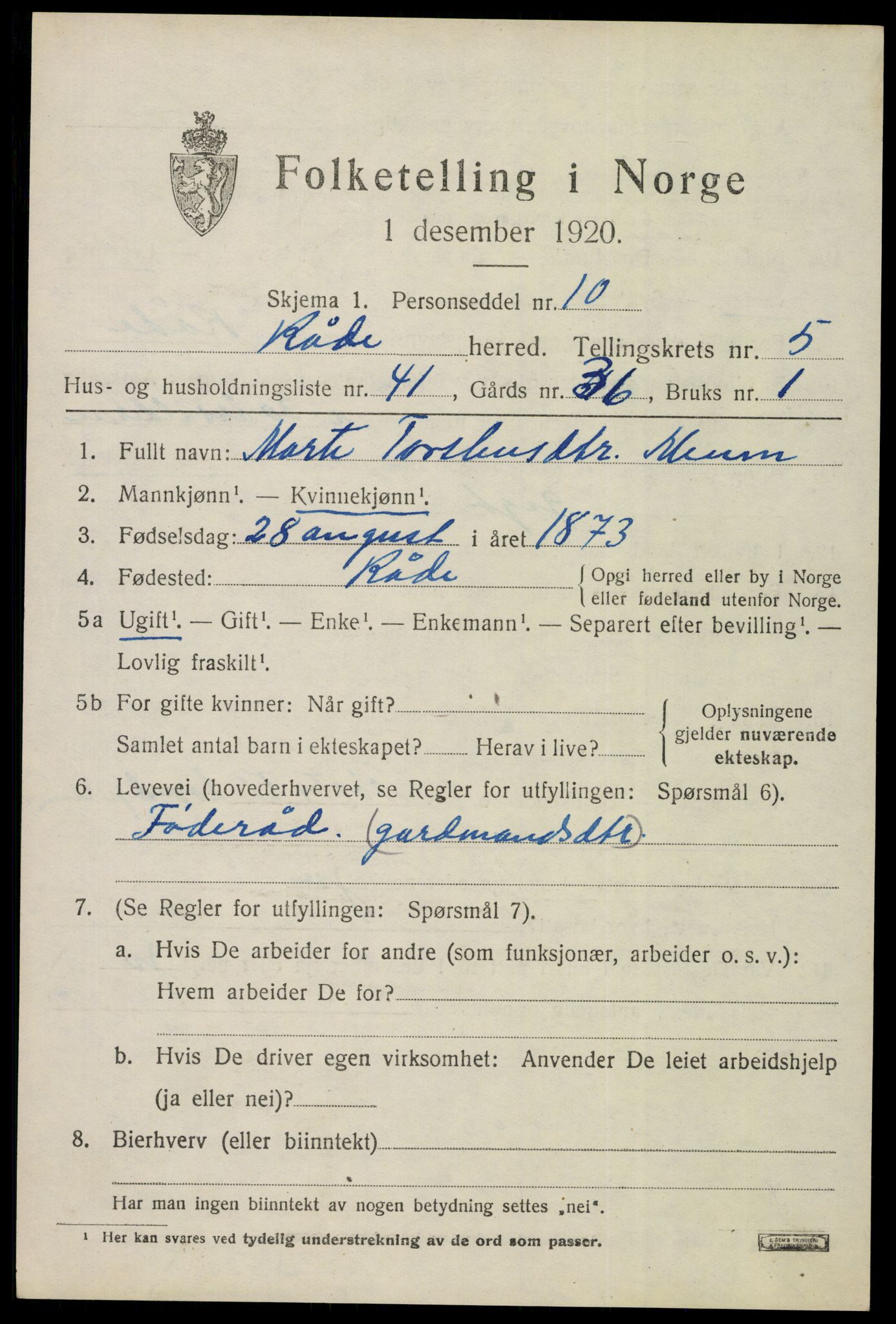 SAO, 1920 census for Råde, 1920, p. 5313