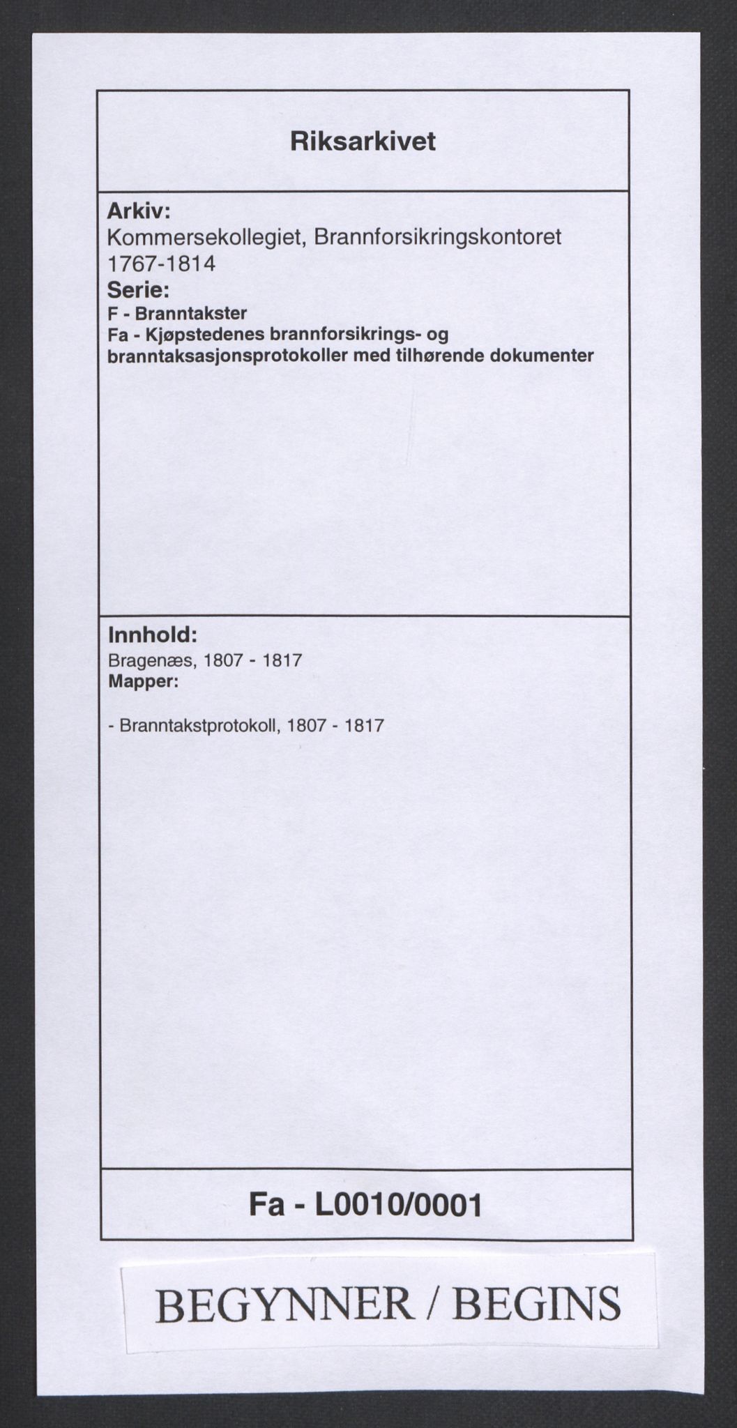 Kommersekollegiet, Brannforsikringskontoret 1767-1814, RA/EA-5458/F/Fa/L0010/0001: Bragernes / Branntakstprotokoll, 1807-1817