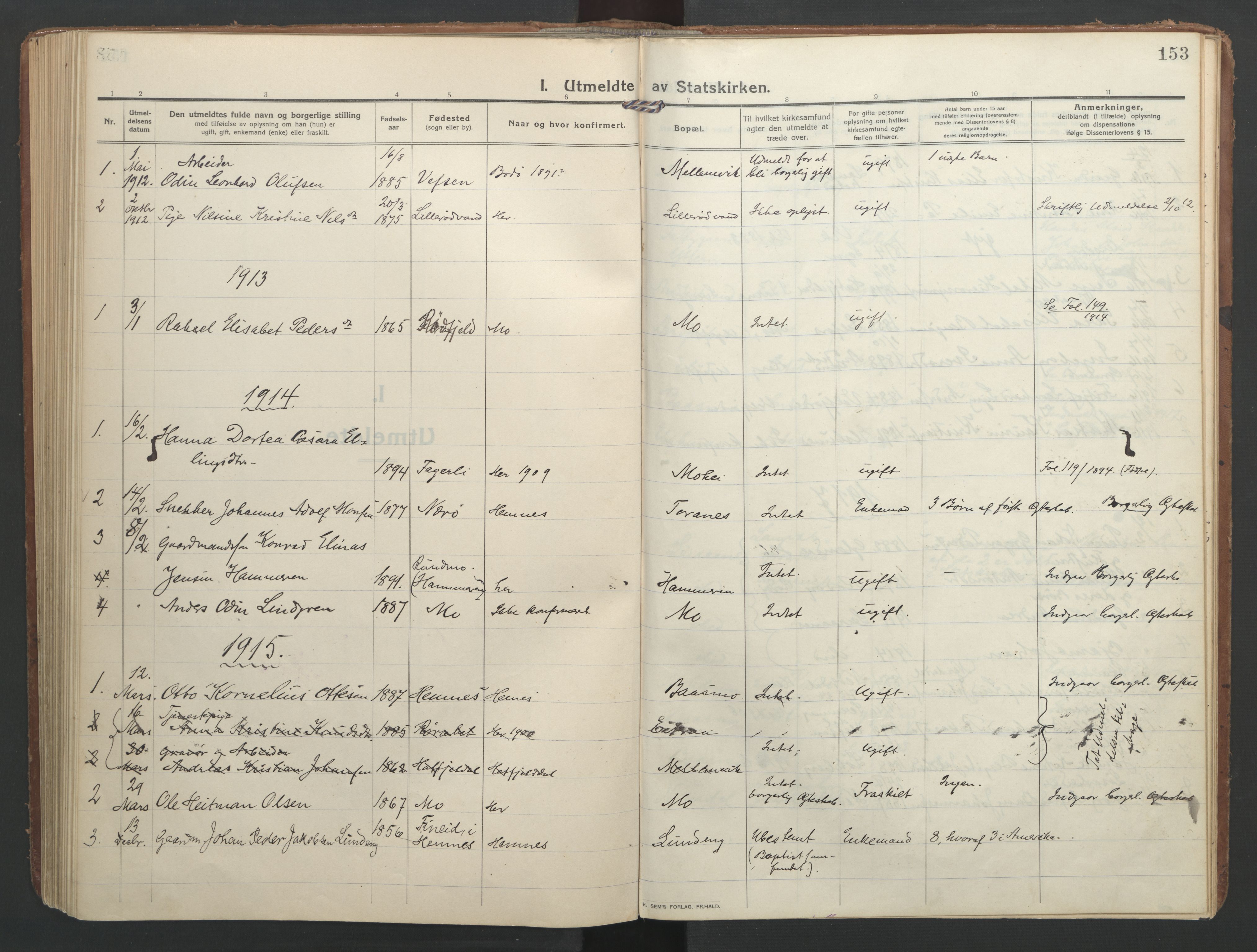 Ministerialprotokoller, klokkerbøker og fødselsregistre - Nordland, SAT/A-1459/827/L0405: Parish register (official) no. 827A17, 1912-1925, p. 153
