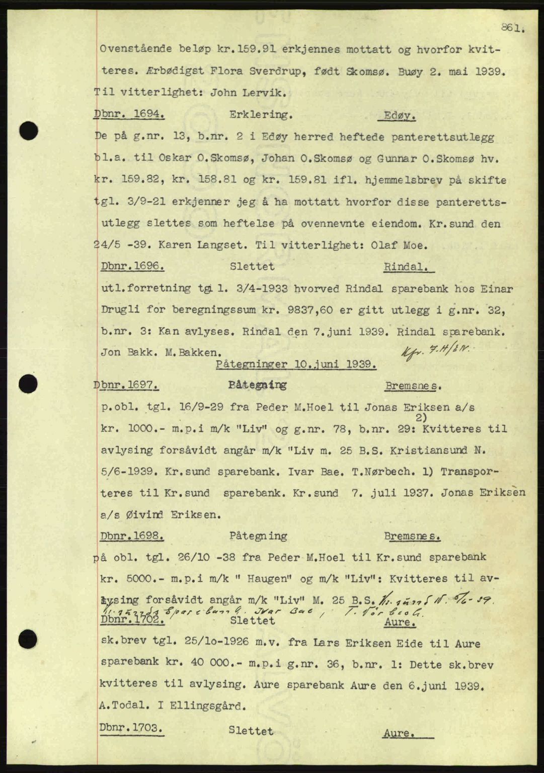 Nordmøre sorenskriveri, AV/SAT-A-4132/1/2/2Ca: Mortgage book no. C80, 1936-1939, Diary no: : 1694/1939