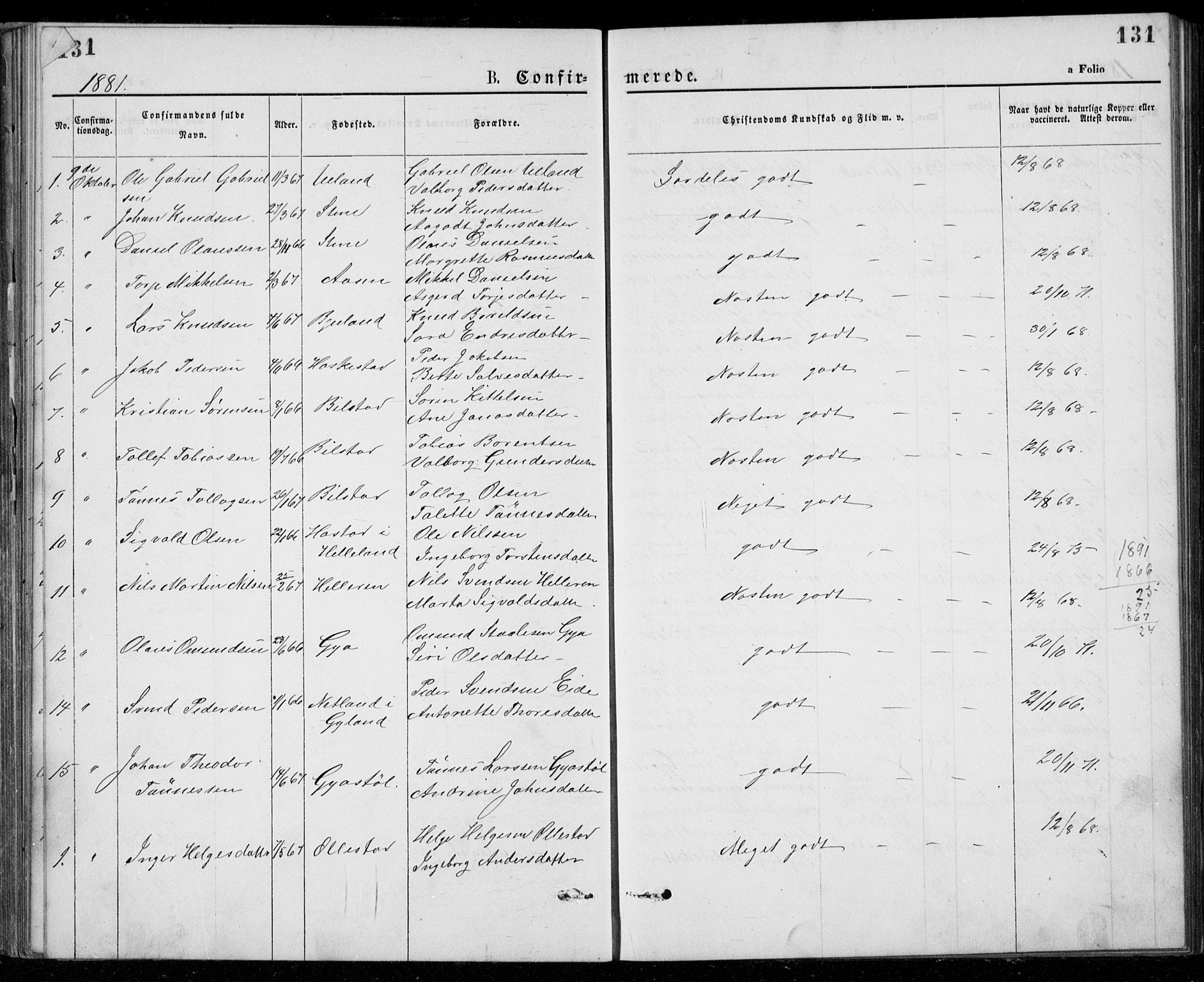 Lund sokneprestkontor, SAST/A-101809/S07/L0005: Parish register (copy) no. B 5, 1875-1889, p. 131