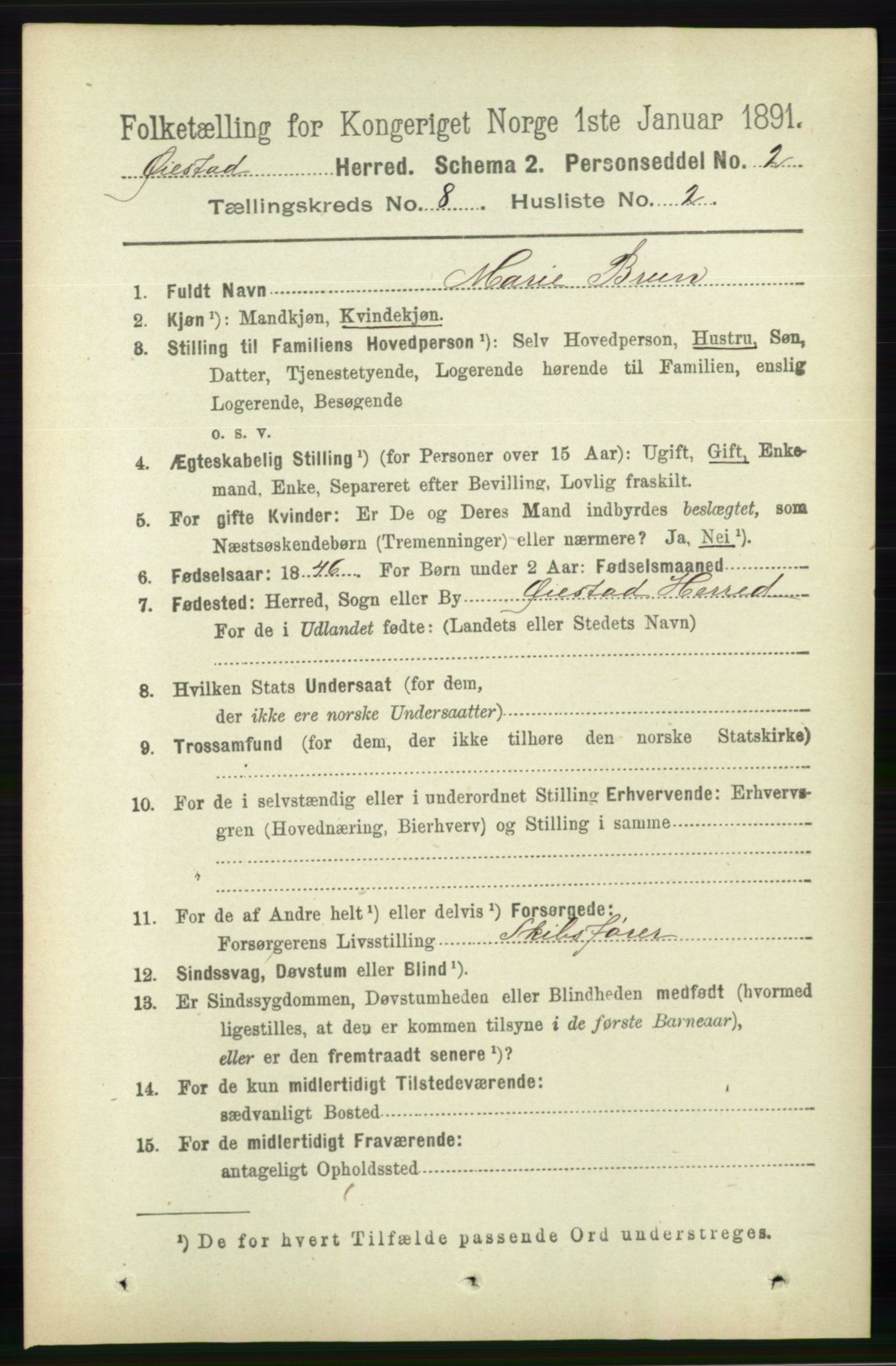 RA, 1891 census for 0920 Øyestad, 1891, p. 3191