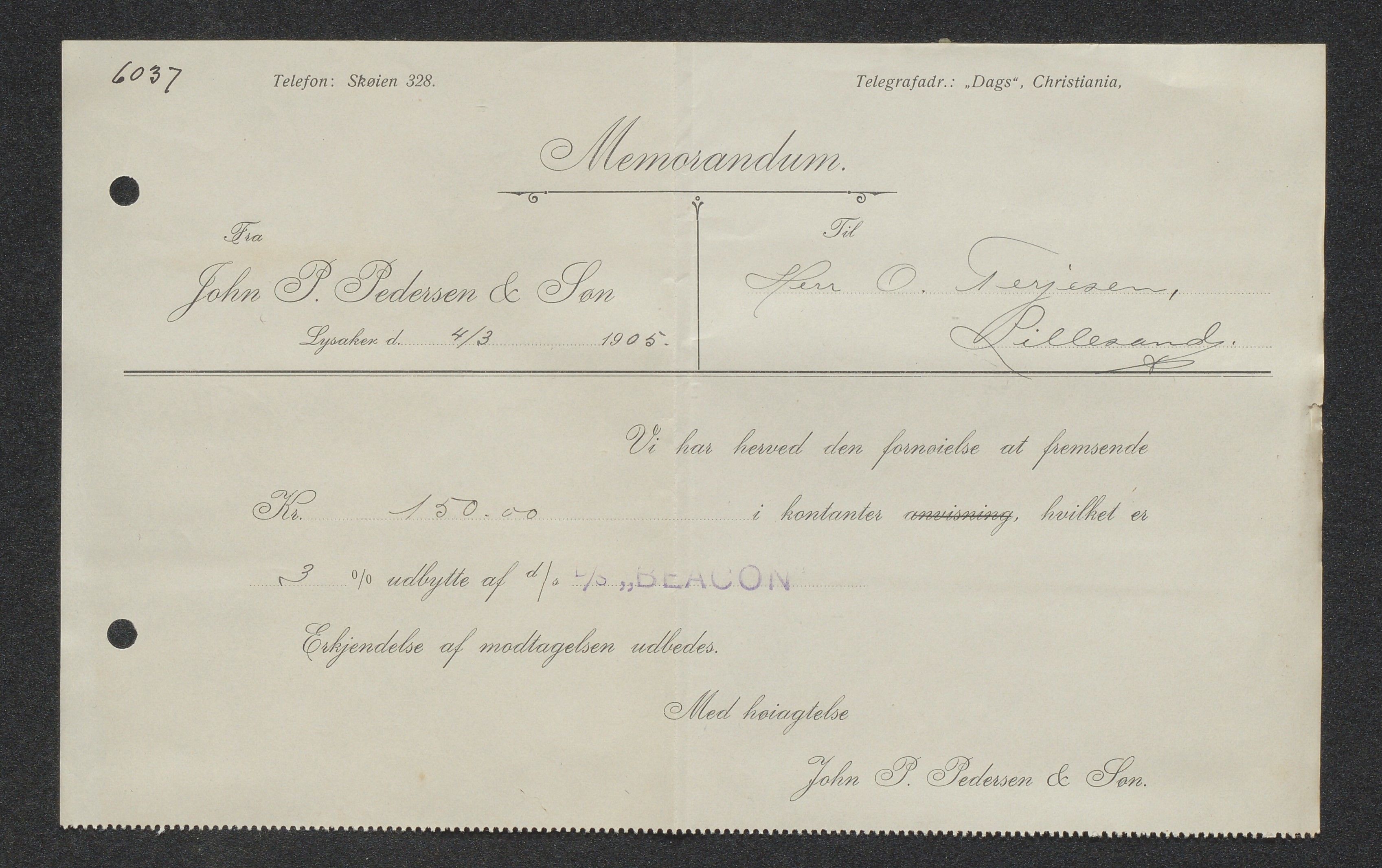 O. Terjesens rederi, AAKS/PA-2525/E/E01/L0013: Korrespondanse, 1904-1905