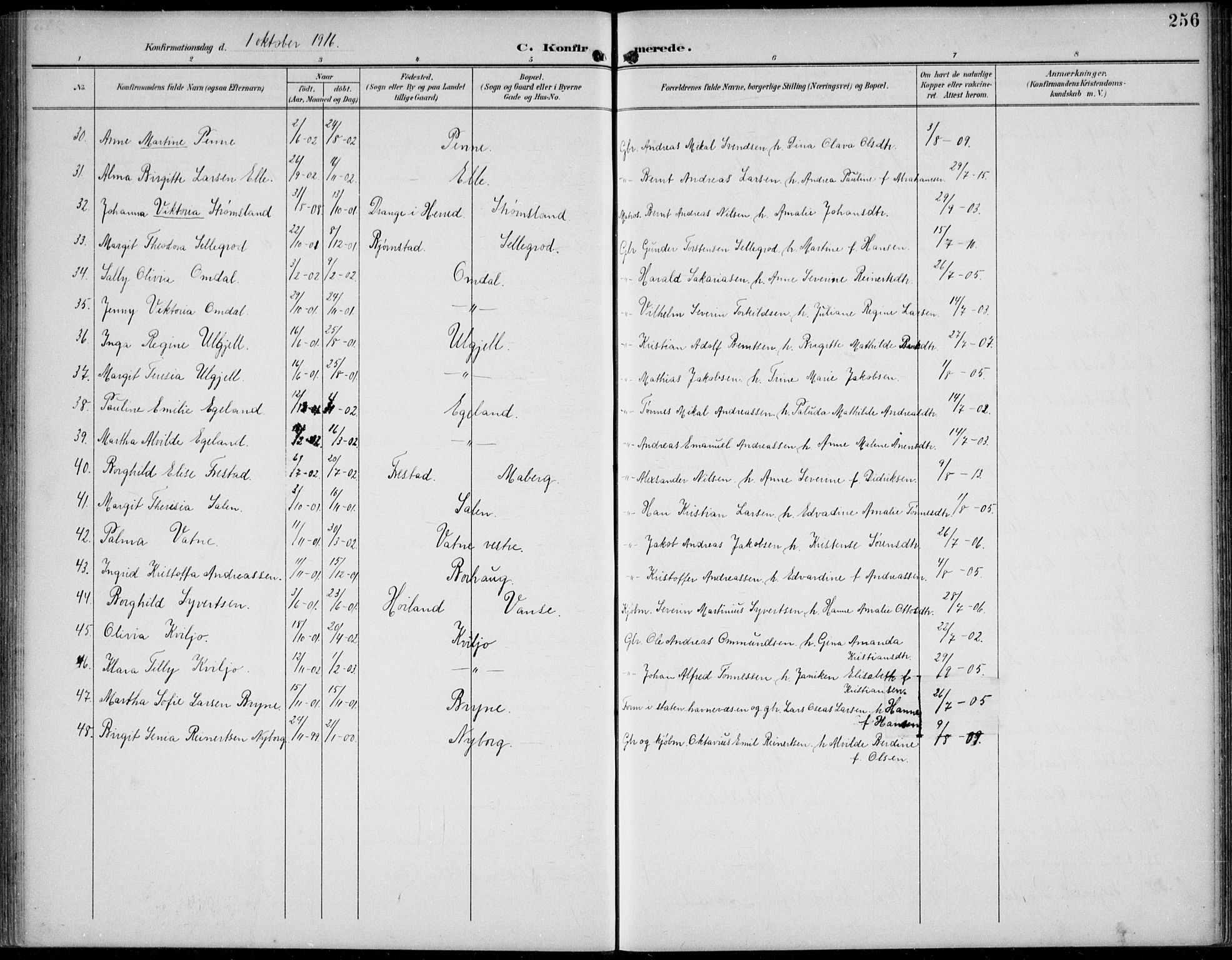 Lista sokneprestkontor, SAK/1111-0027/F/Fb/L0005: Parish register (copy) no. B 5, 1892-1923, p. 256