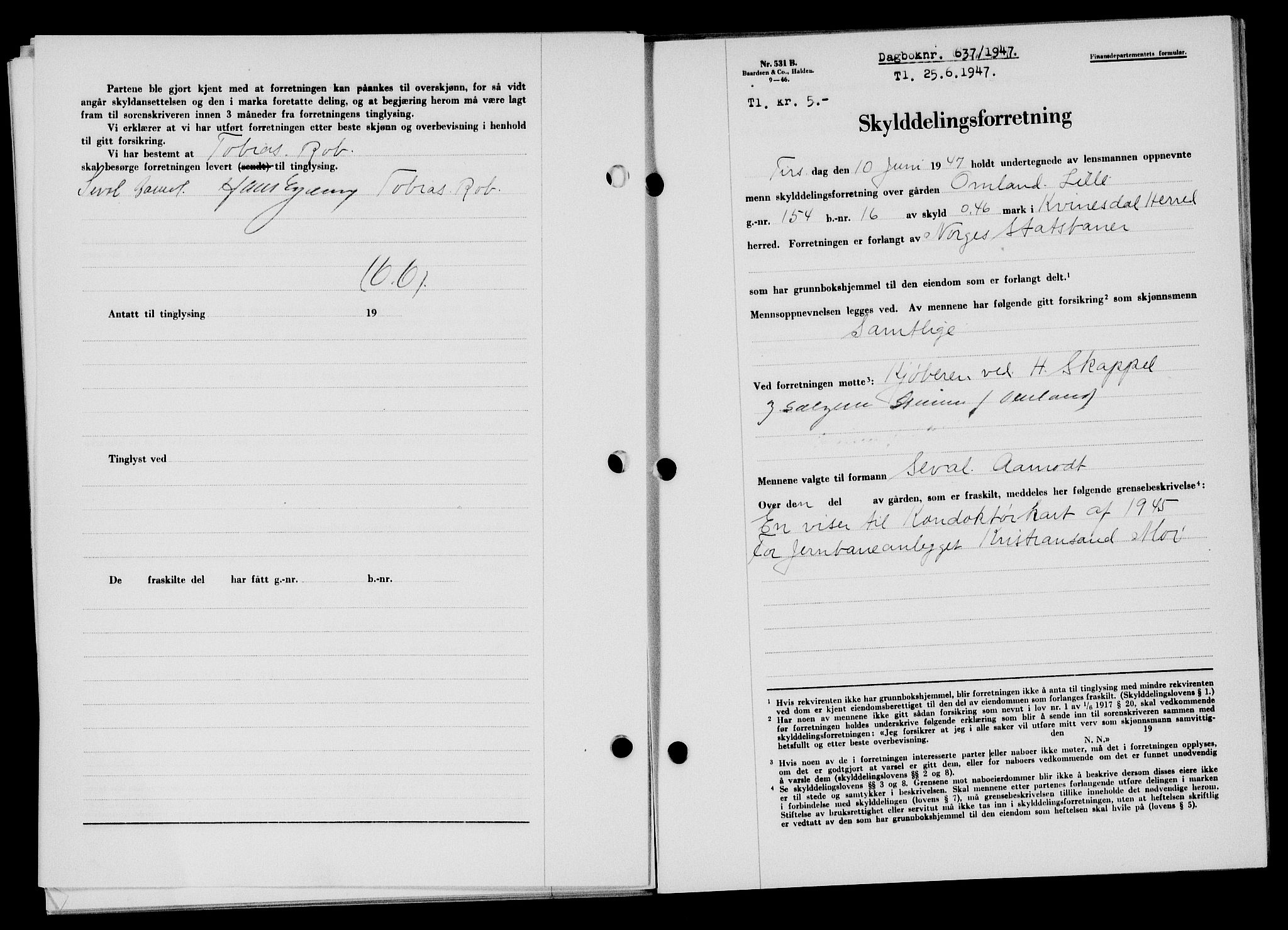 Flekkefjord sorenskriveri, SAK/1221-0001/G/Gb/Gba/L0062: Mortgage book no. A-10, 1947-1947, Diary no: : 637/1947