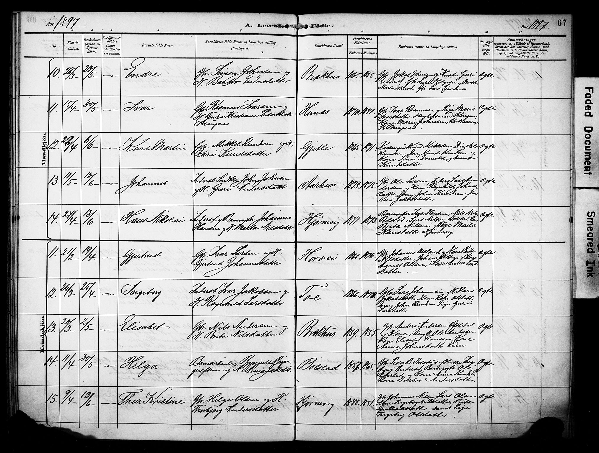 Evanger sokneprestembete, AV/SAB-A-99924: Parish register (official) no. A 2, 1892-1899, p. 67