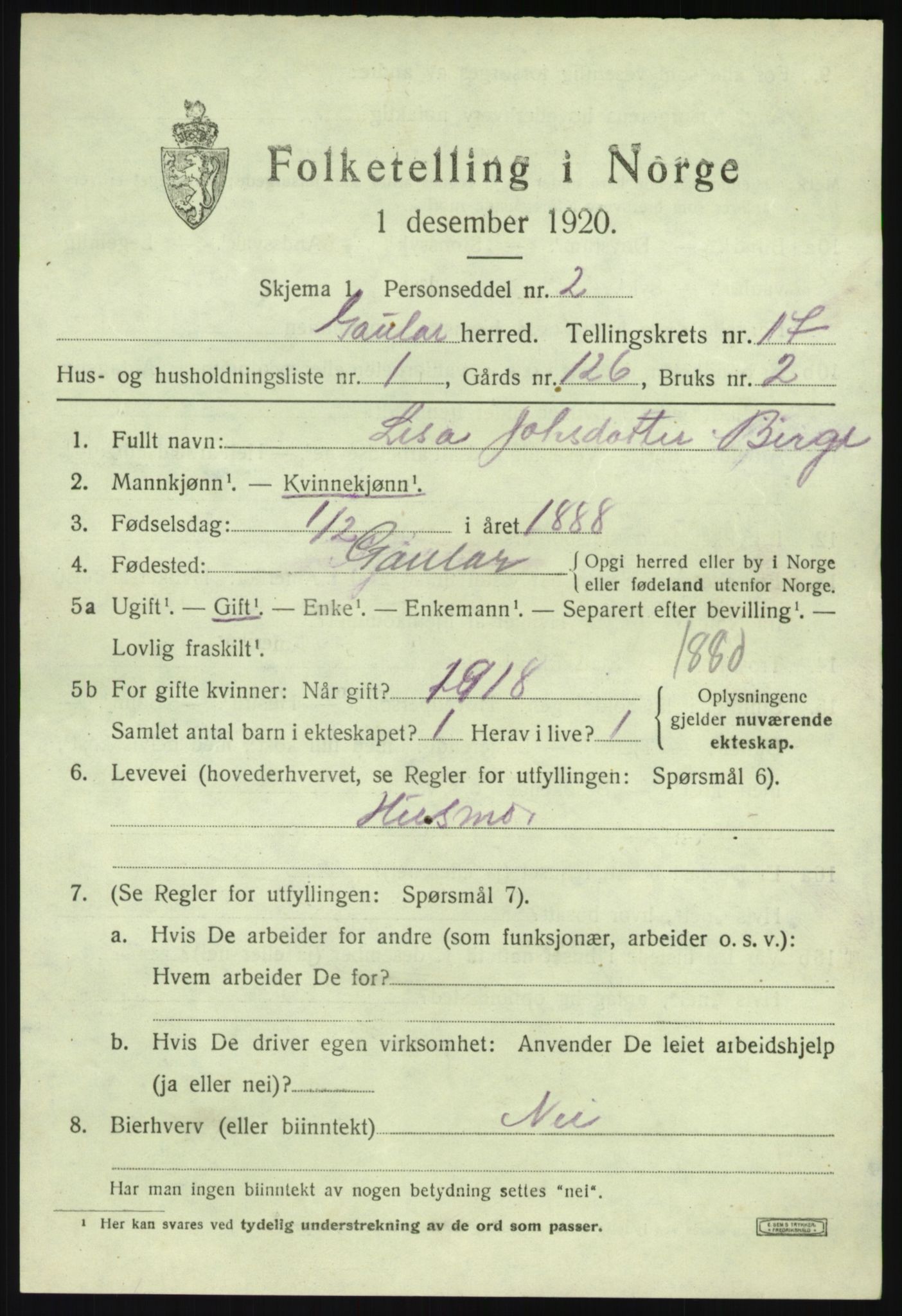 SAB, 1920 census for Gaular, 1920, p. 7464