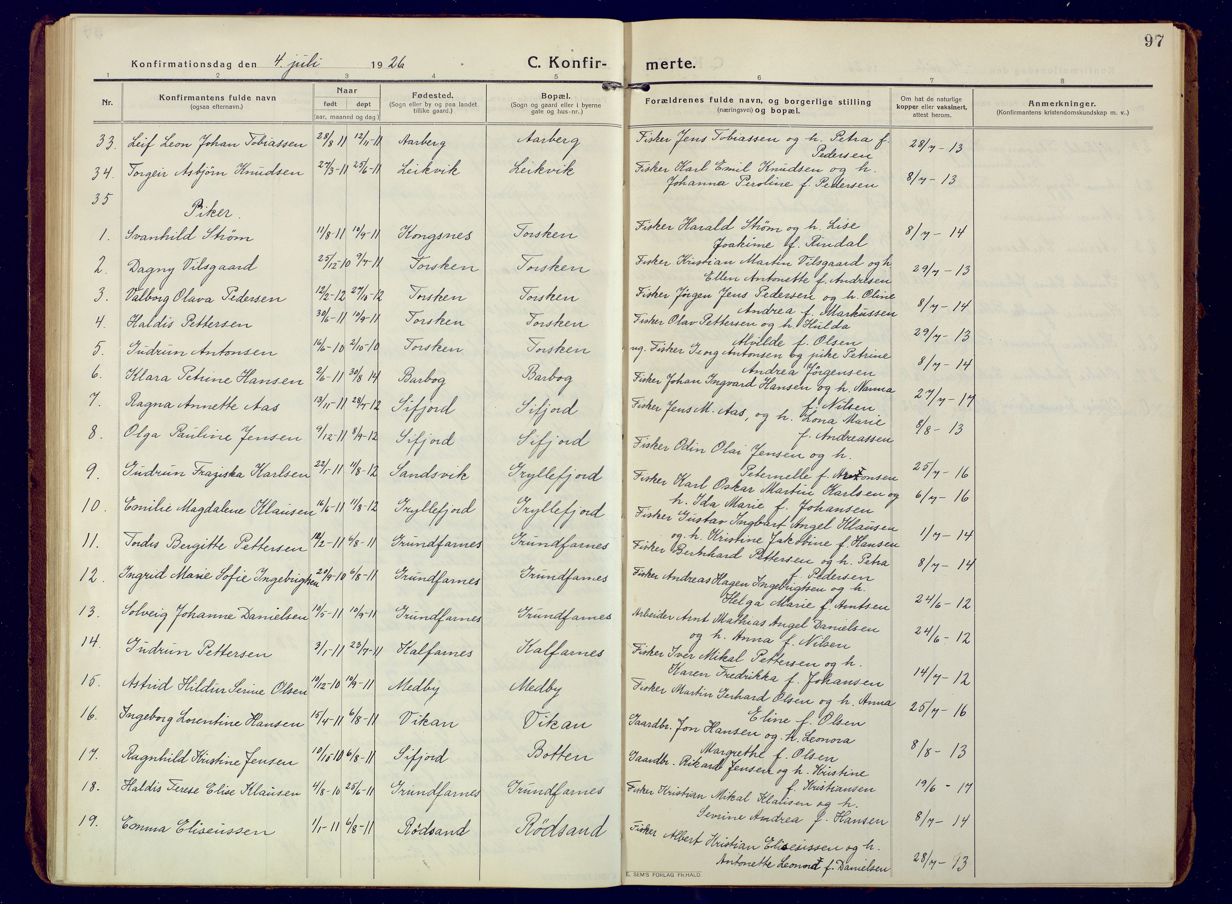 Berg sokneprestkontor, SATØ/S-1318/G/Ga/Gaa: Parish register (official) no. 10, 1916-1928, p. 97