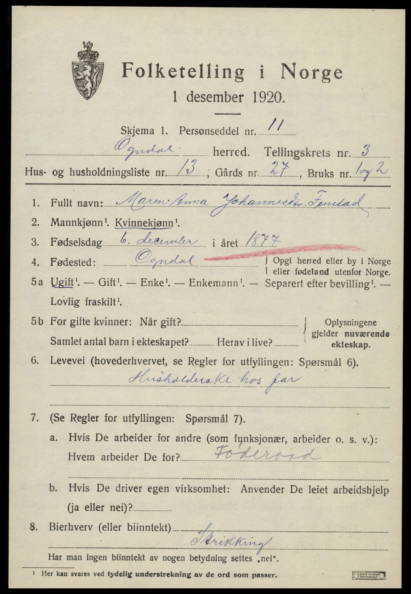 SAT, 1920 census for Ogndal, 1920, p. 1355