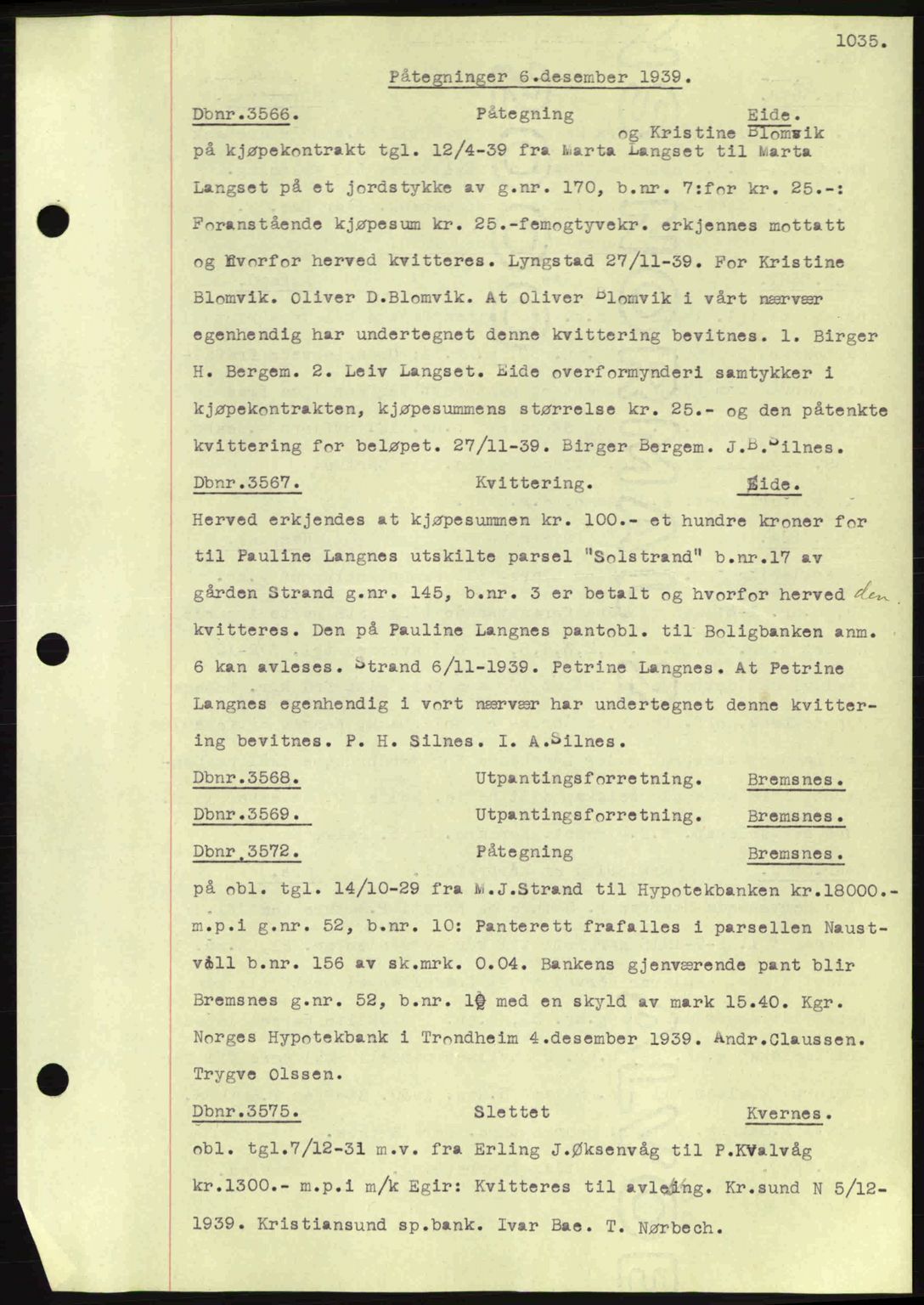 Nordmøre sorenskriveri, AV/SAT-A-4132/1/2/2Ca: Mortgage book no. C80, 1936-1939, Diary no: : 3566/1939