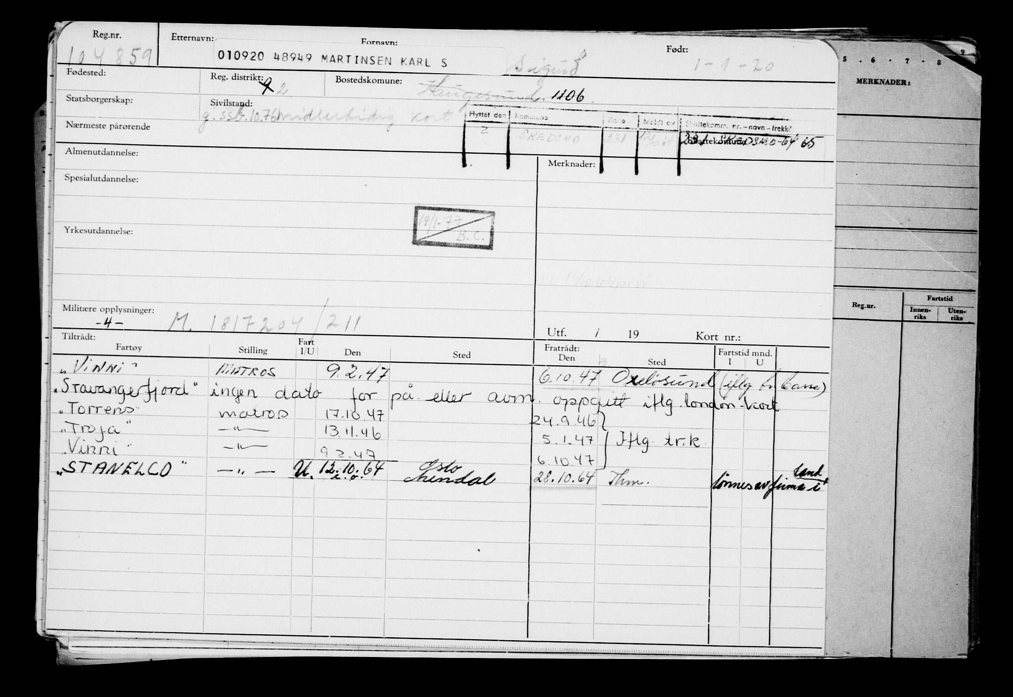 Direktoratet for sjømenn, AV/RA-S-3545/G/Gb/L0185: Hovedkort, 1920, p. 5