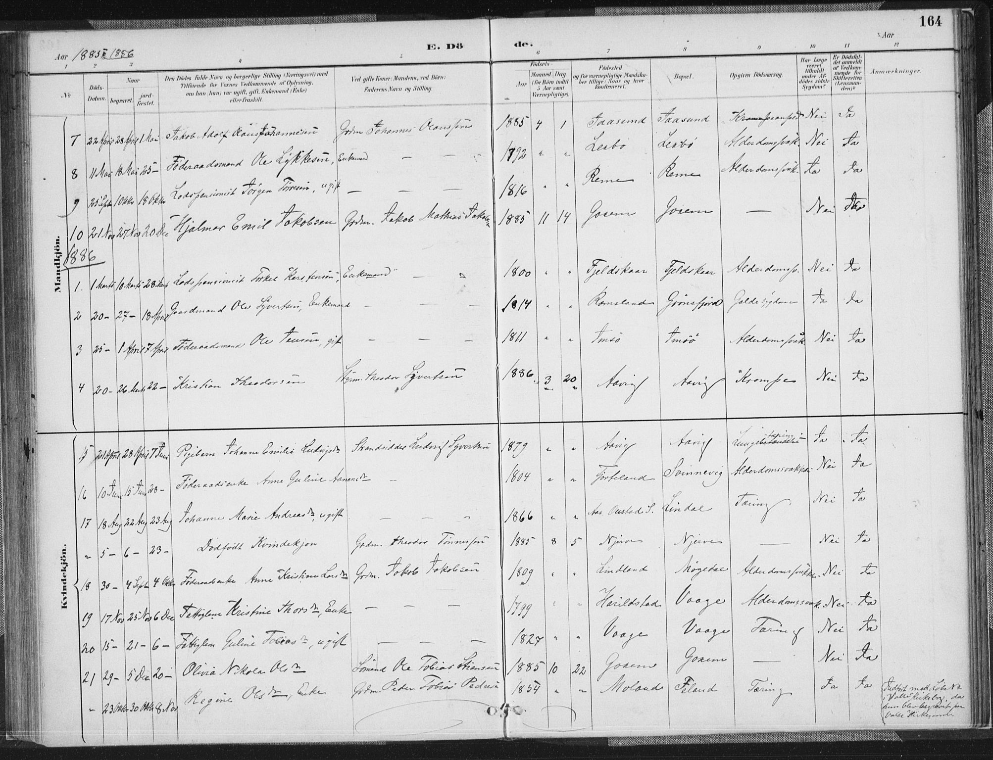 Sør-Audnedal sokneprestkontor, SAK/1111-0039/F/Fa/Faa/L0004: Parish register (official) no. A 4, 1884-1909, p. 164