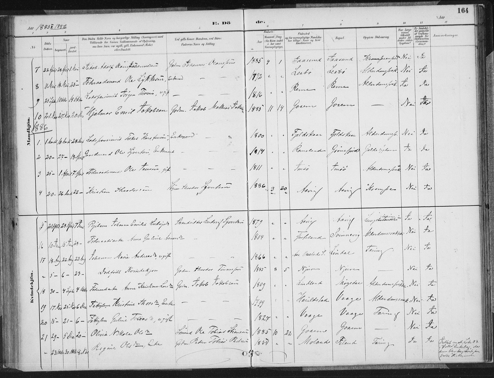 Sør-Audnedal sokneprestkontor, AV/SAK-1111-0039/F/Fa/Faa/L0004: Parish register (official) no. A 4, 1884-1909, p. 164