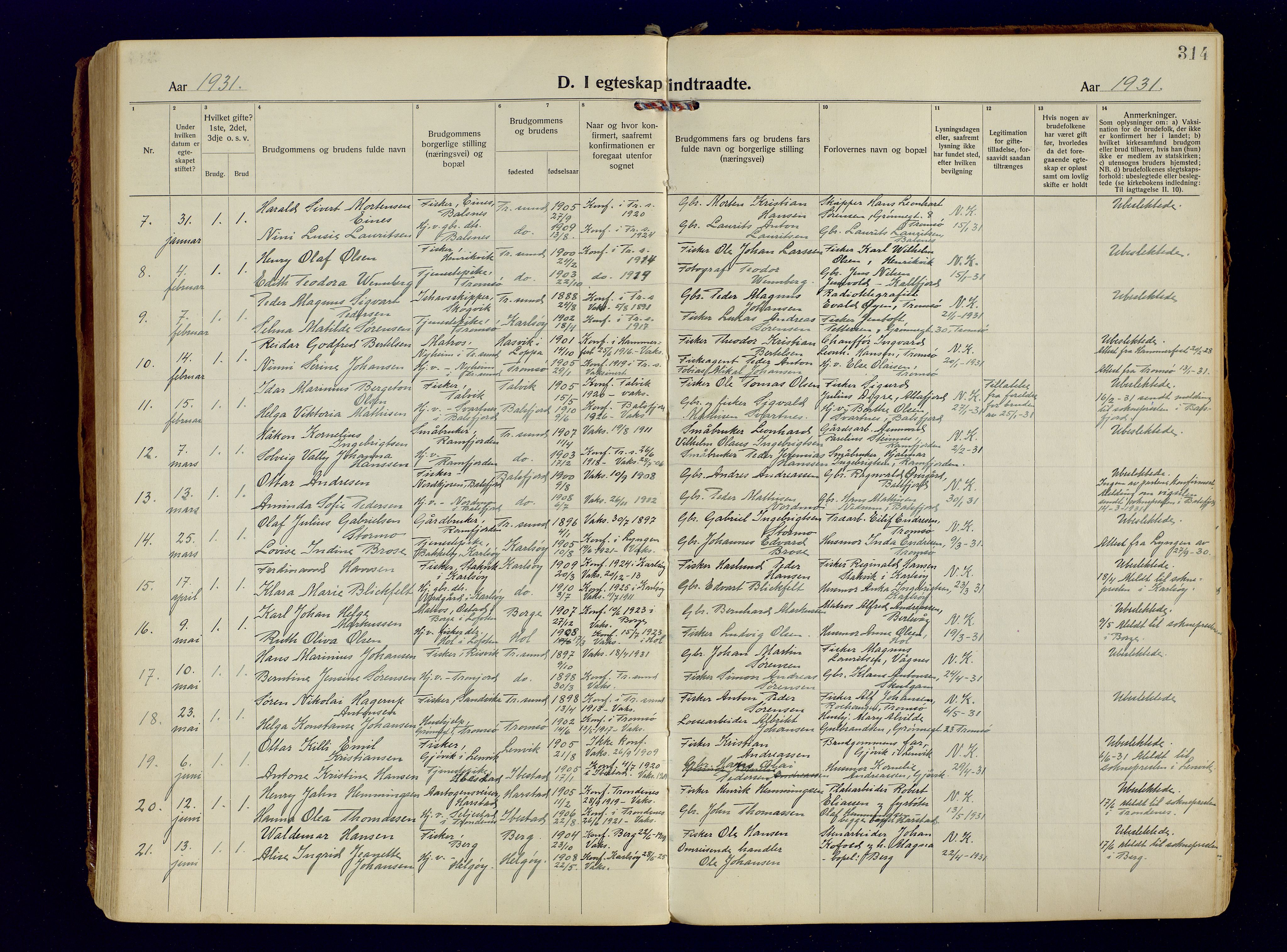 Tromsøysund sokneprestkontor, SATØ/S-1304/G/Ga/L0009kirke: Parish register (official) no. 9, 1922-1934, p. 314