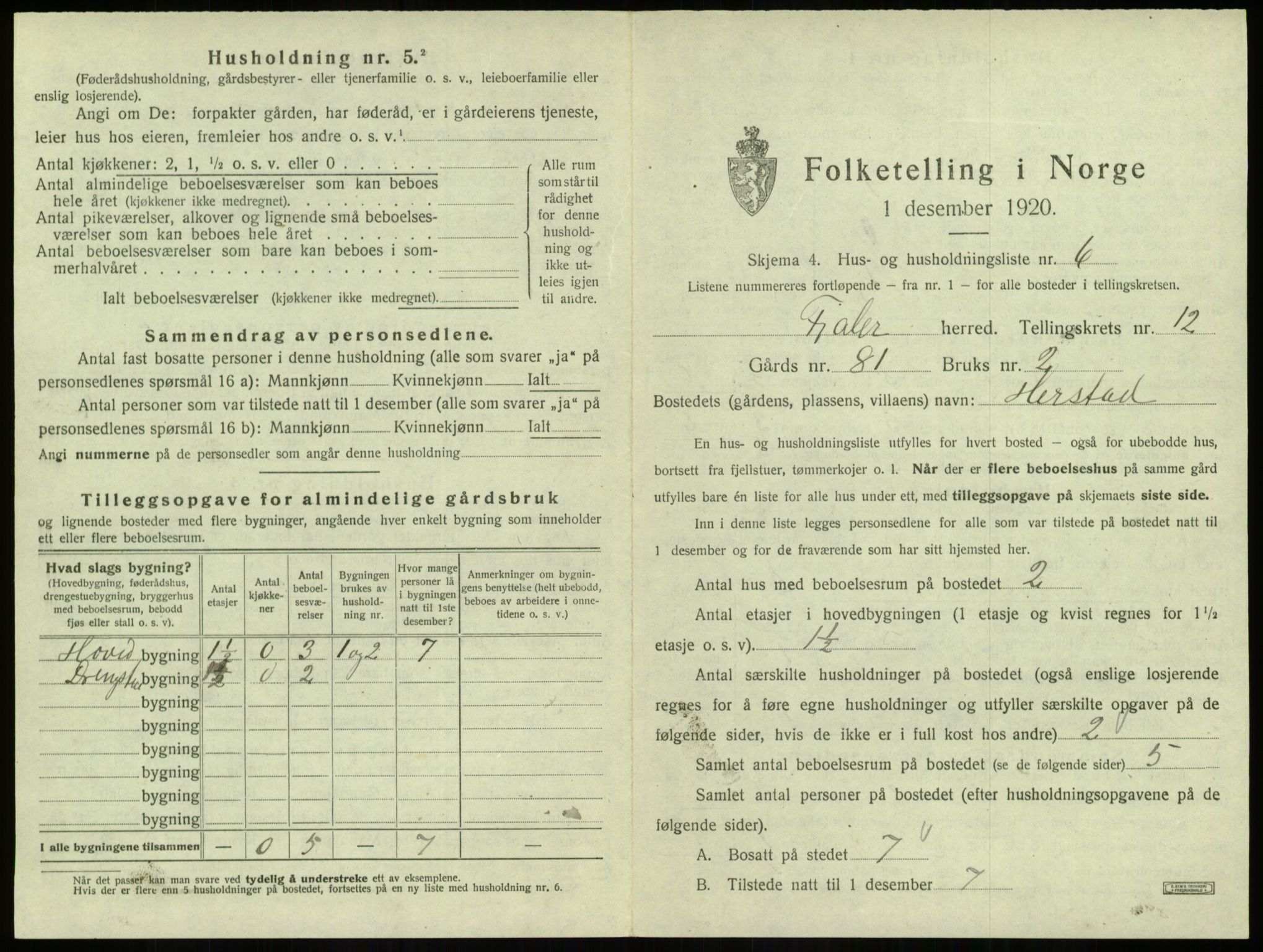 SAB, 1920 census for Fjaler, 1920, p. 1015