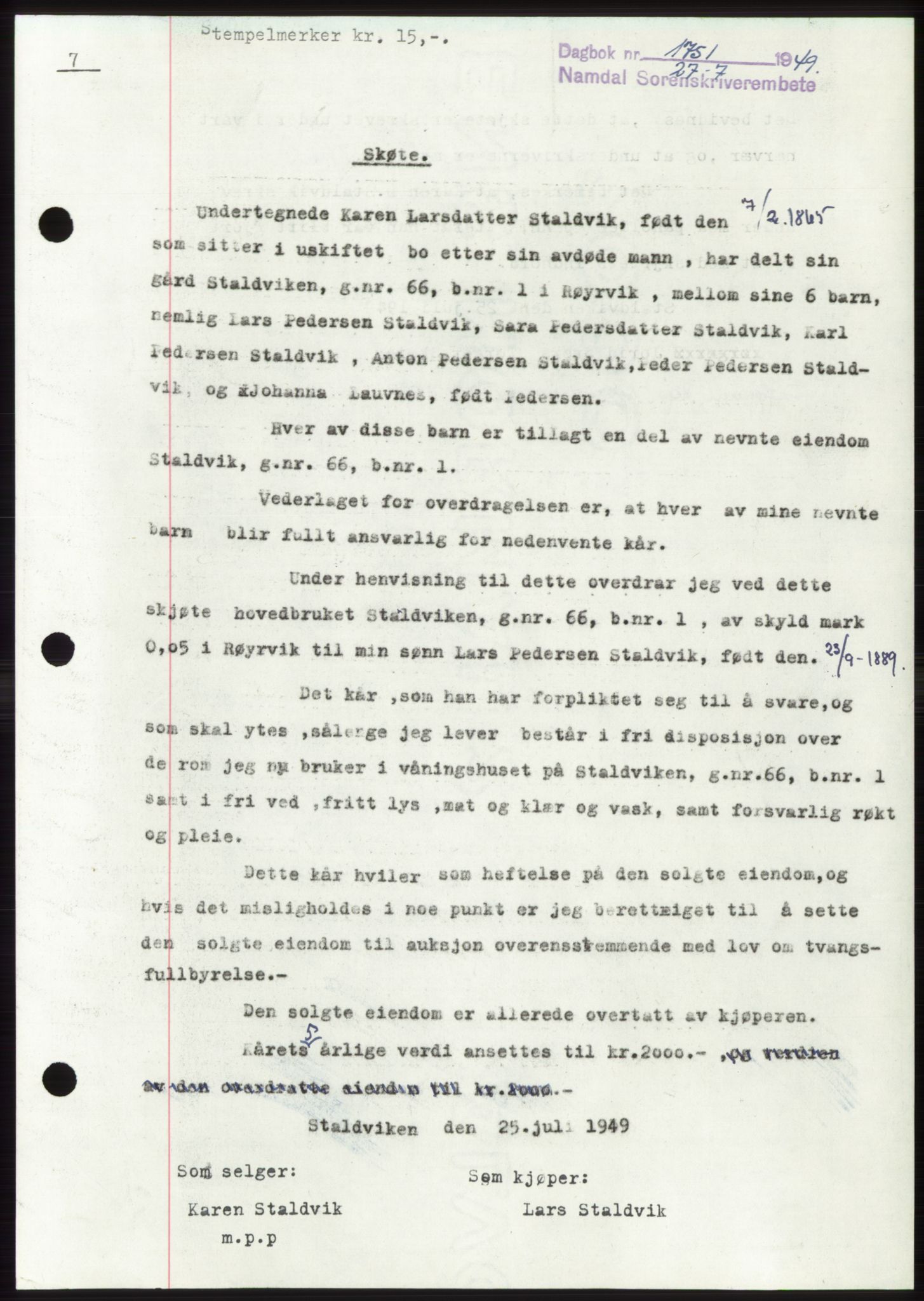 Namdal sorenskriveri, AV/SAT-A-4133/1/2/2C: Mortgage book no. -, 1949-1949, Diary no: : 1751/1949