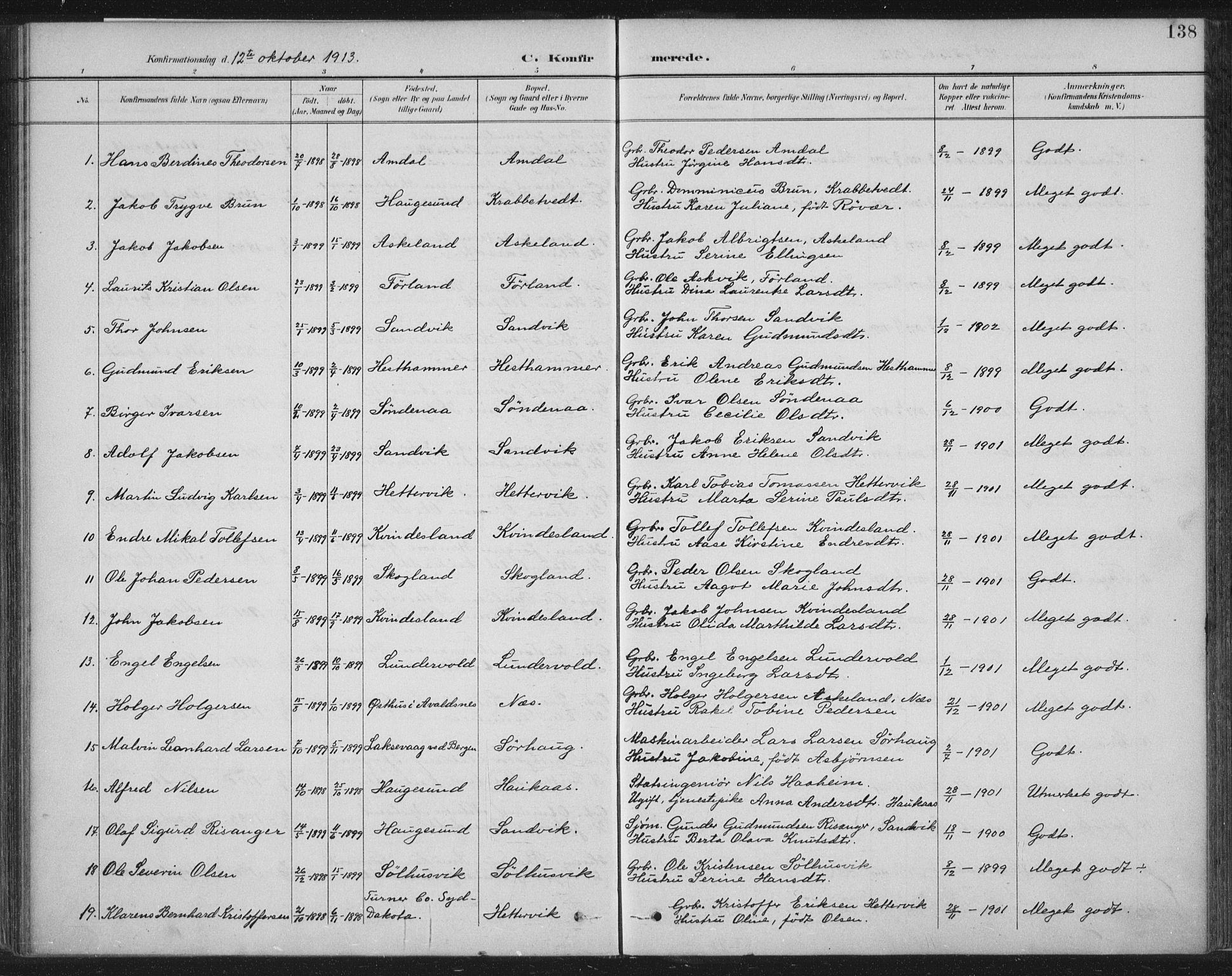 Tysvær sokneprestkontor, AV/SAST-A -101864/H/Ha/Haa/L0008: Parish register (official) no. A 8, 1897-1918, p. 138