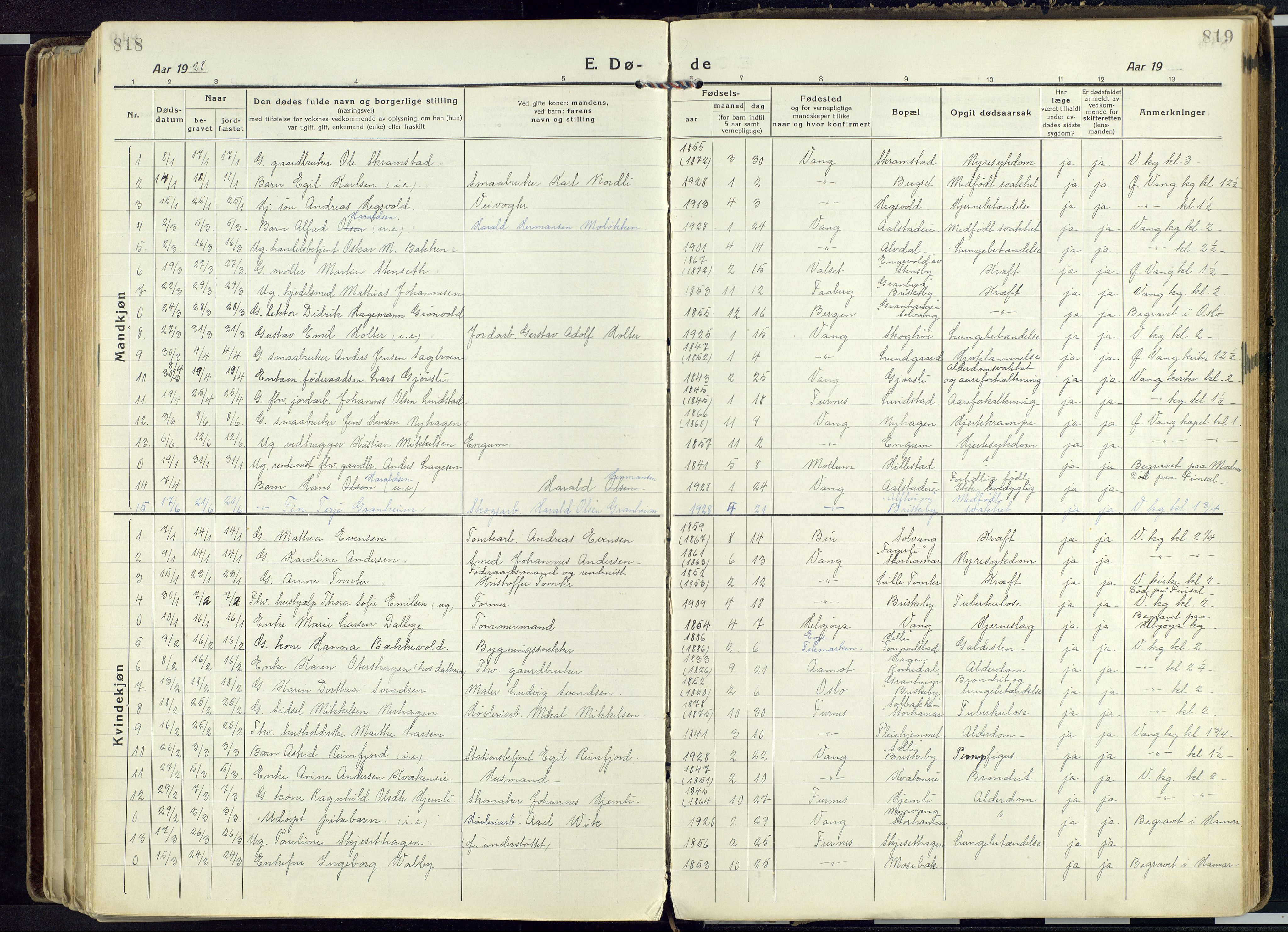 Vang prestekontor, Hedmark, SAH/PREST-008/H/Ha/Haa/L0022: Parish register (official) no. 22, 1918-1944, p. 818-819